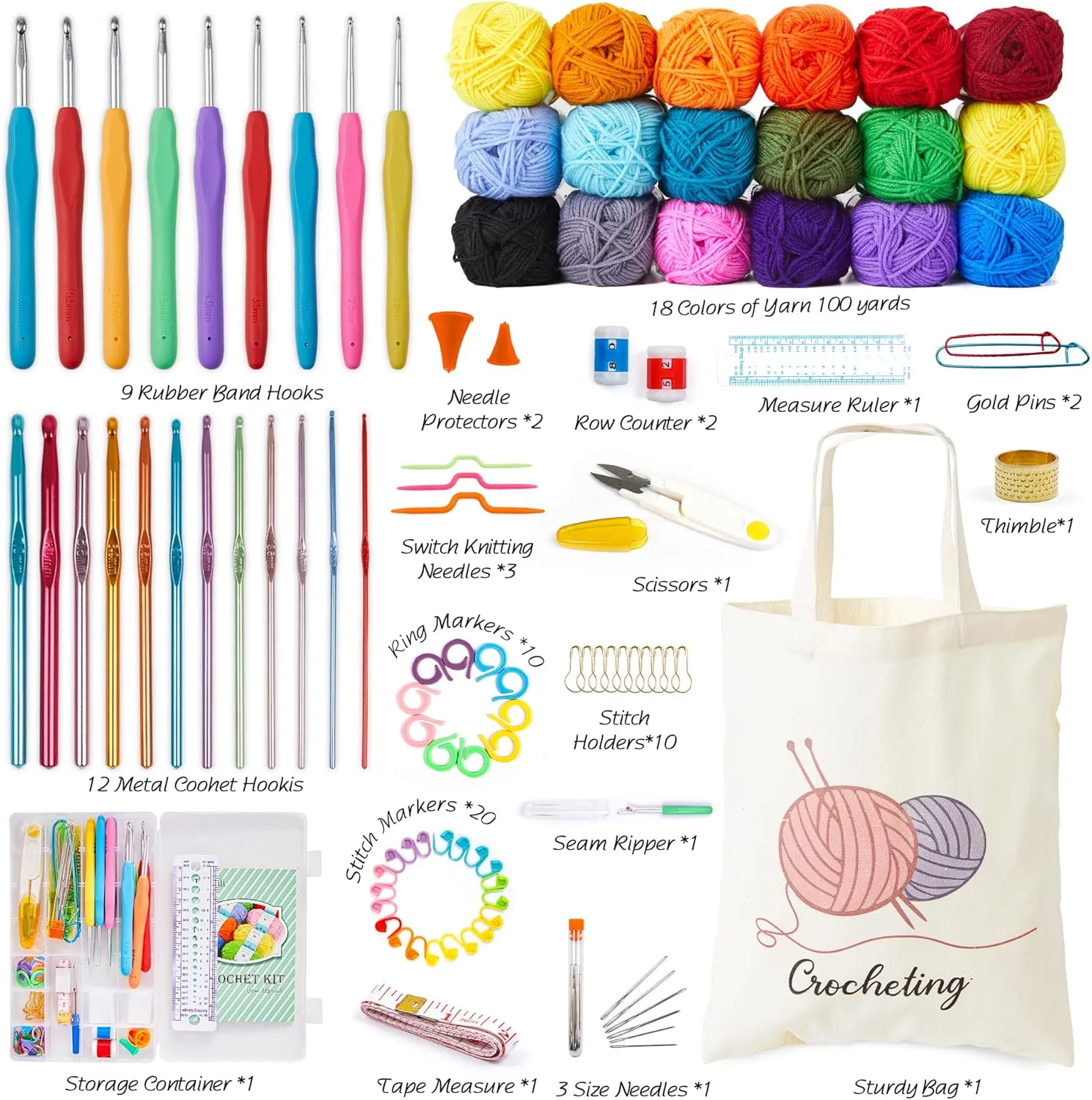 Crochet Kit for Beginners Adults, 18 Large Acrylic Yarn Skeins 1800 Yards Yarn, 105 PCS Crochet Kit with Hooks Yarn Set,Includes Canvas Tote Bag, Ideal Starter Pack for Kids Professionals