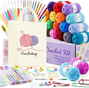 Crochet Kit for Beginners Adults, 18 Large Acrylic Yarn Skeins 1800 Yards Yarn, 105 PCS Crochet Kit with Hooks Yarn Set,Includes Canvas Tote Bag, Ideal Starter Pack for Kids Professionals