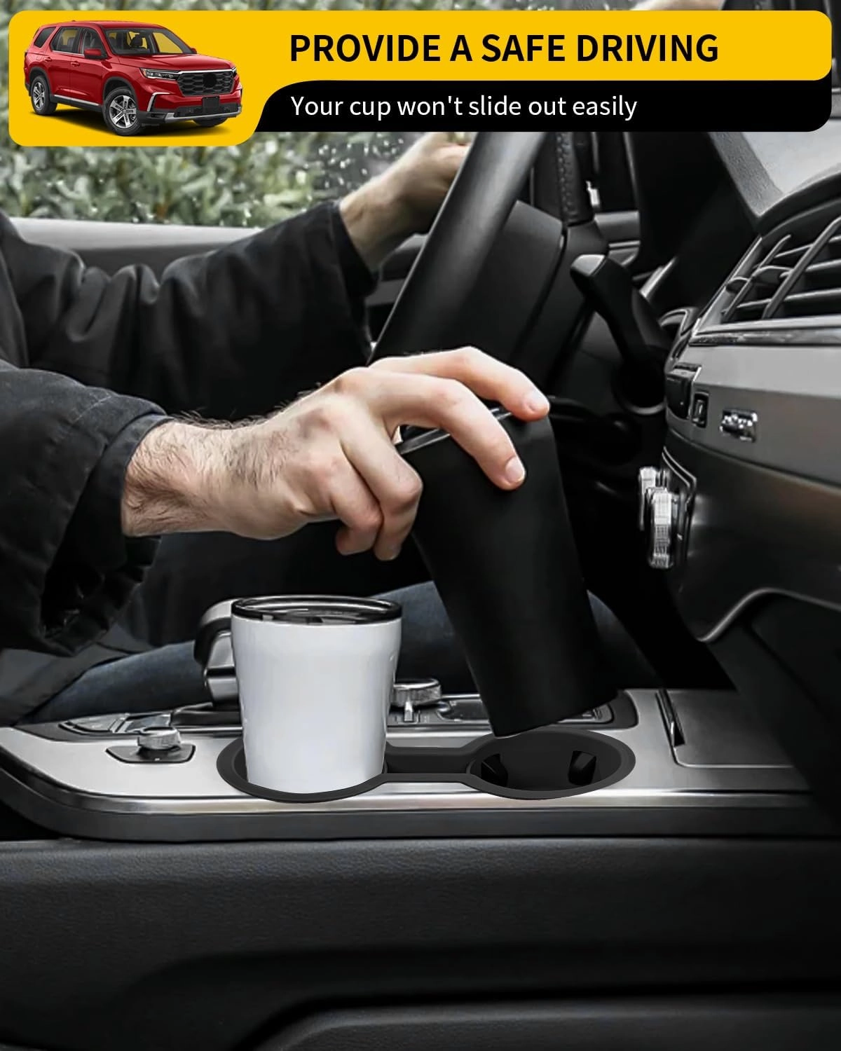 Cup Holder Compatible with 2023-2025 Honda Pilot Car Center Console Cup Holder Silicone Insert Storage Box Interior Armrest Organizer for 2024 2025 Honda Ridgeline&Passport Accessories (Black)