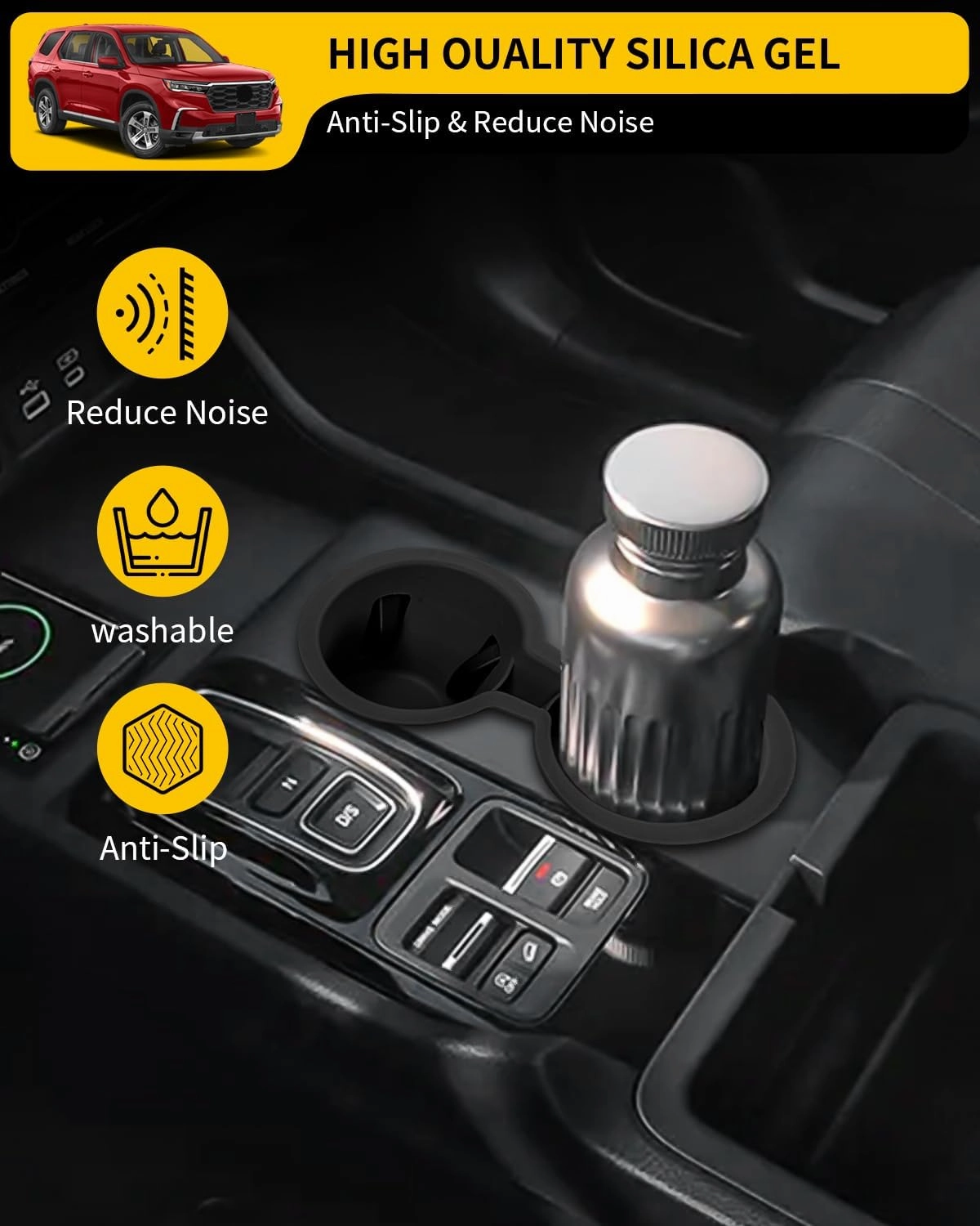 Cup Holder Compatible with 2023-2025 Honda Pilot Car Center Console Cup Holder Silicone Insert Storage Box Interior Armrest Organizer for 2024 2025 Honda Ridgeline&Passport Accessories (Black)