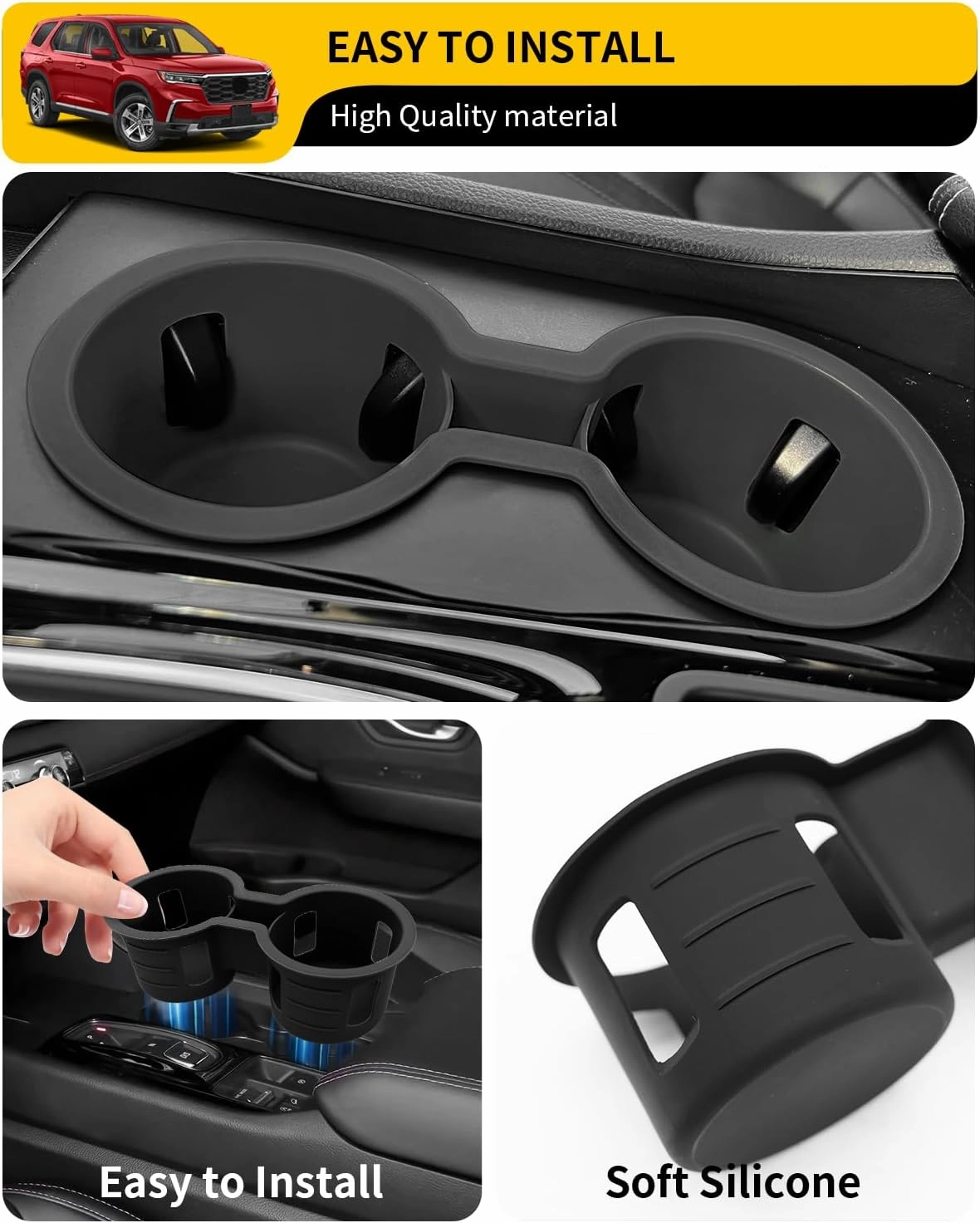 Cup Holder Compatible with 2023-2025 Honda Pilot Car Center Console Cup Holder Silicone Insert Storage Box Interior Armrest Organizer for 2024 2025 Honda Ridgeline&Passport Accessories (Black)