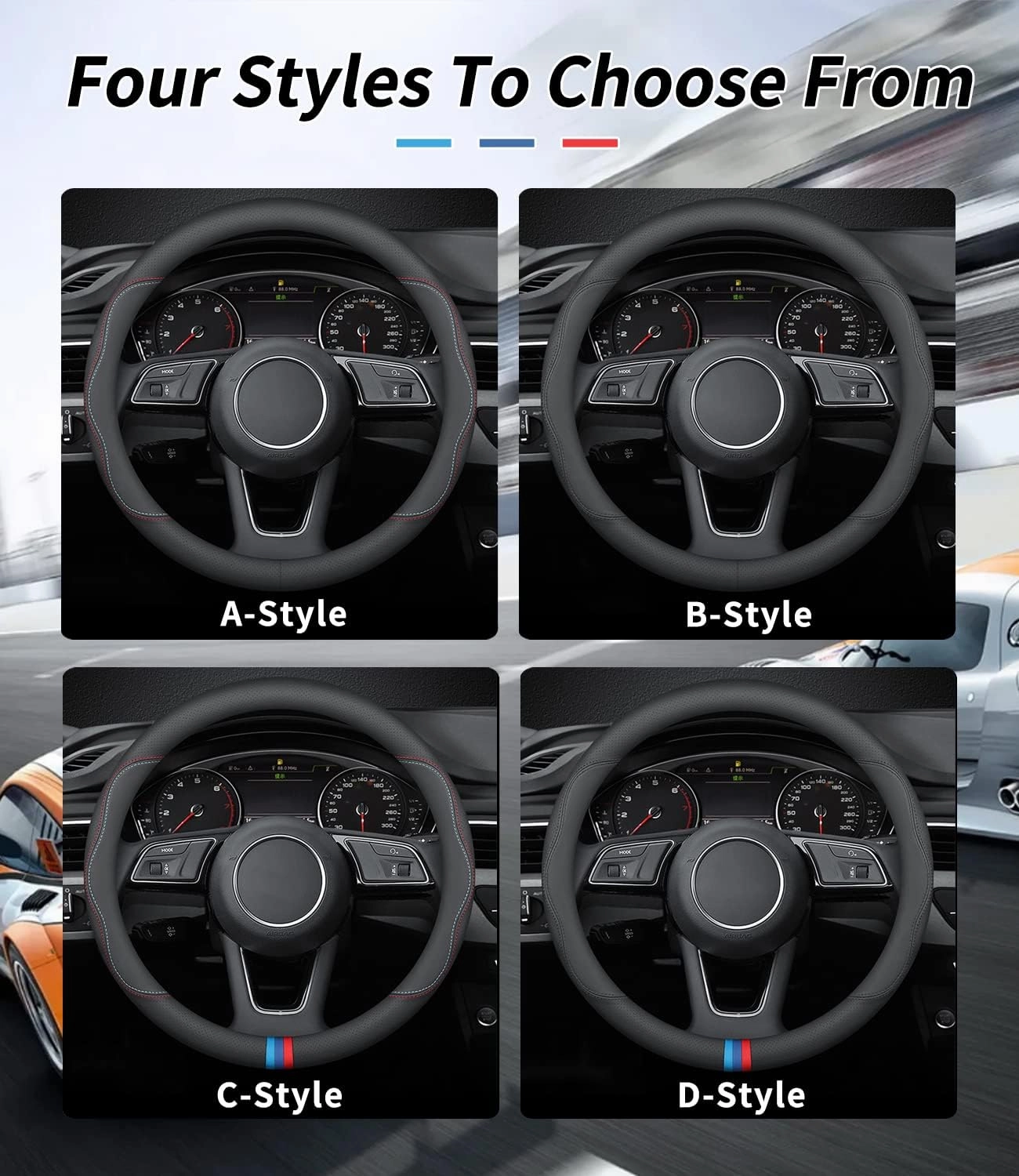 Custom-Fit for Audi Steering Wheel Cover, Premium Leather Car Steering Wheel Cover with Logo, Non-Slip, Breathable, for Audi Accessories (B-Style,for Audi)