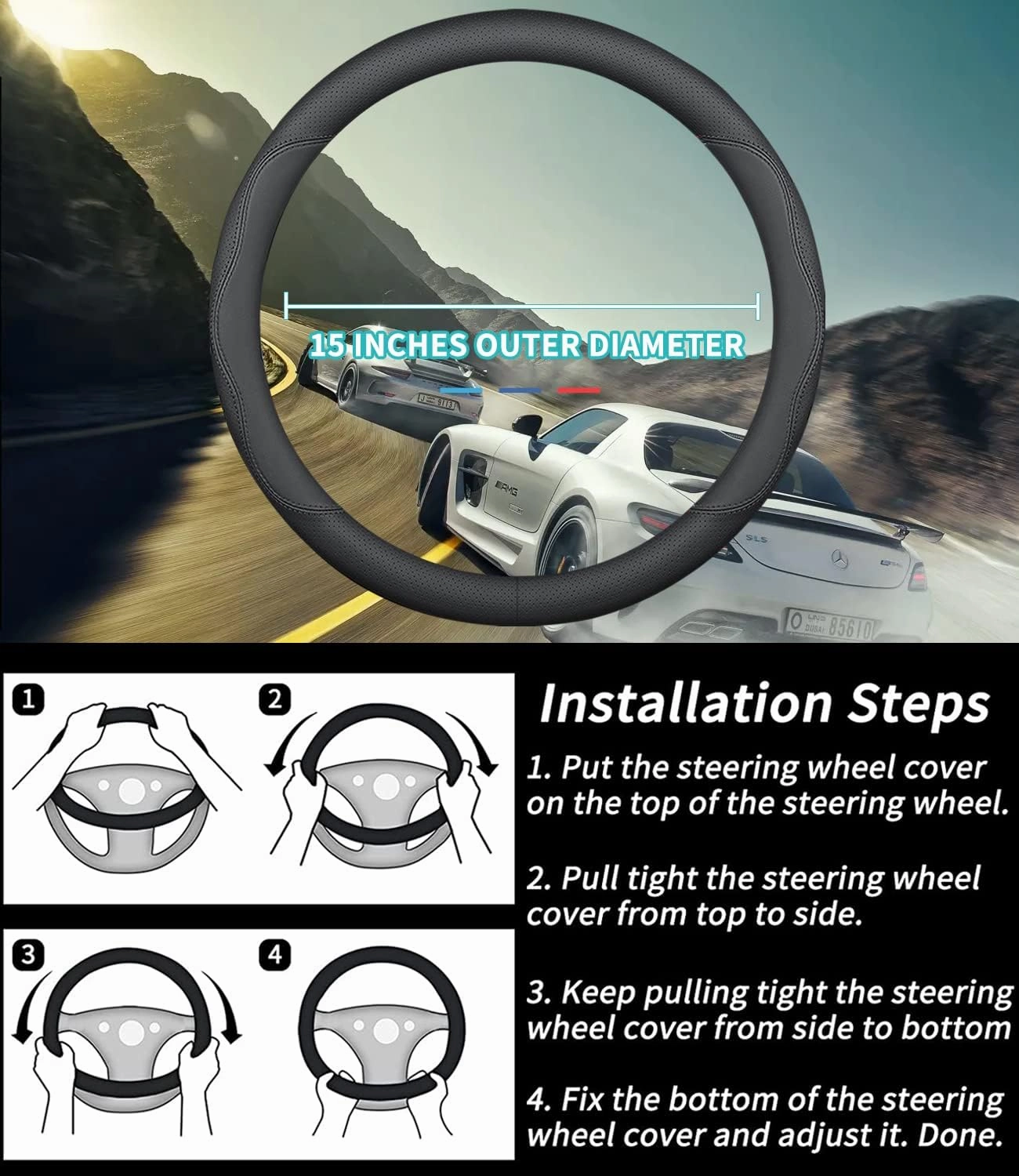 Custom-Fit for Cadillac Steering Wheel Cover, Premium Leather Car with Logo, Non-Slip, Breathable, Accessories (B-Style, Cadillac)