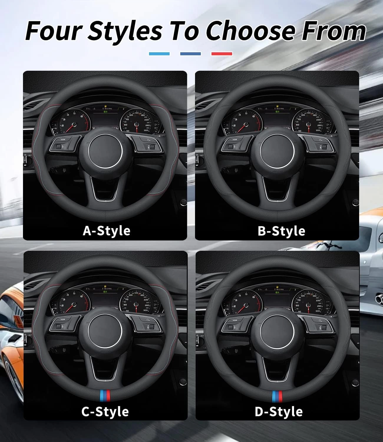 Custom-Fit for Cadillac Steering Wheel Cover, Premium Leather Car with Logo, Non-Slip, Breathable, Accessories (B-Style, Cadillac)