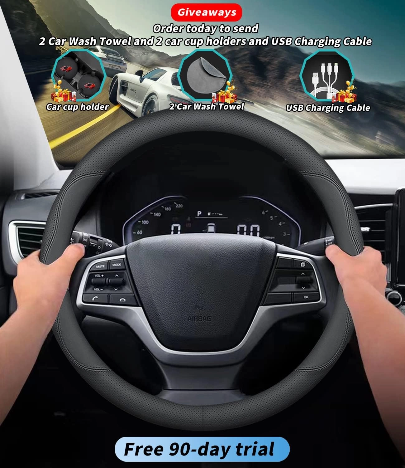Custom-Fit for Cadillac Steering Wheel Cover, Premium Leather Car with Logo, Non-Slip, Breathable, Accessories (B-Style, Cadillac)