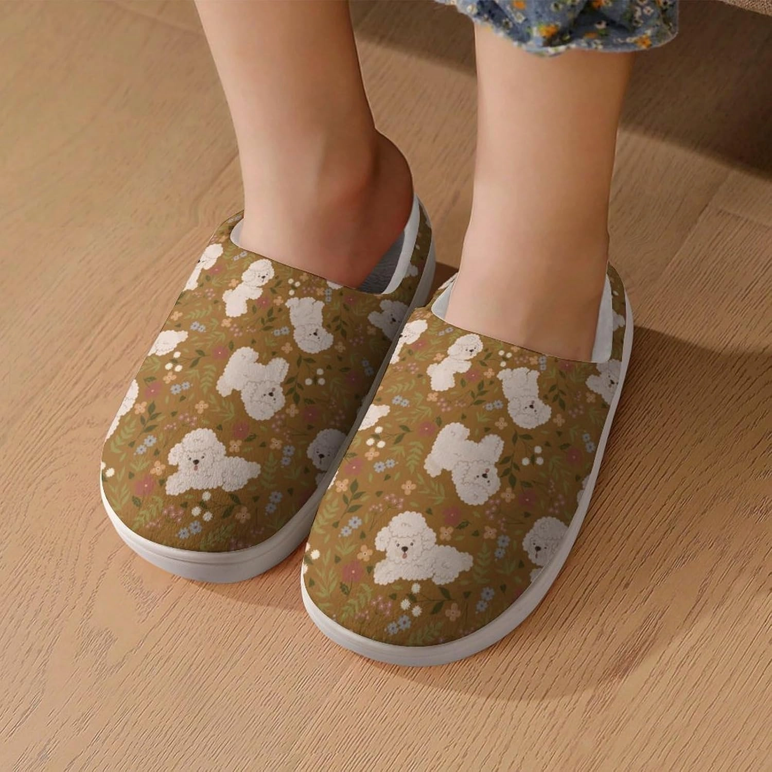 Cute Poodles And Flowers Print Slippers for Boys Girls Home Cotton Slippers Non-Slip Warm Little Kids Slippers