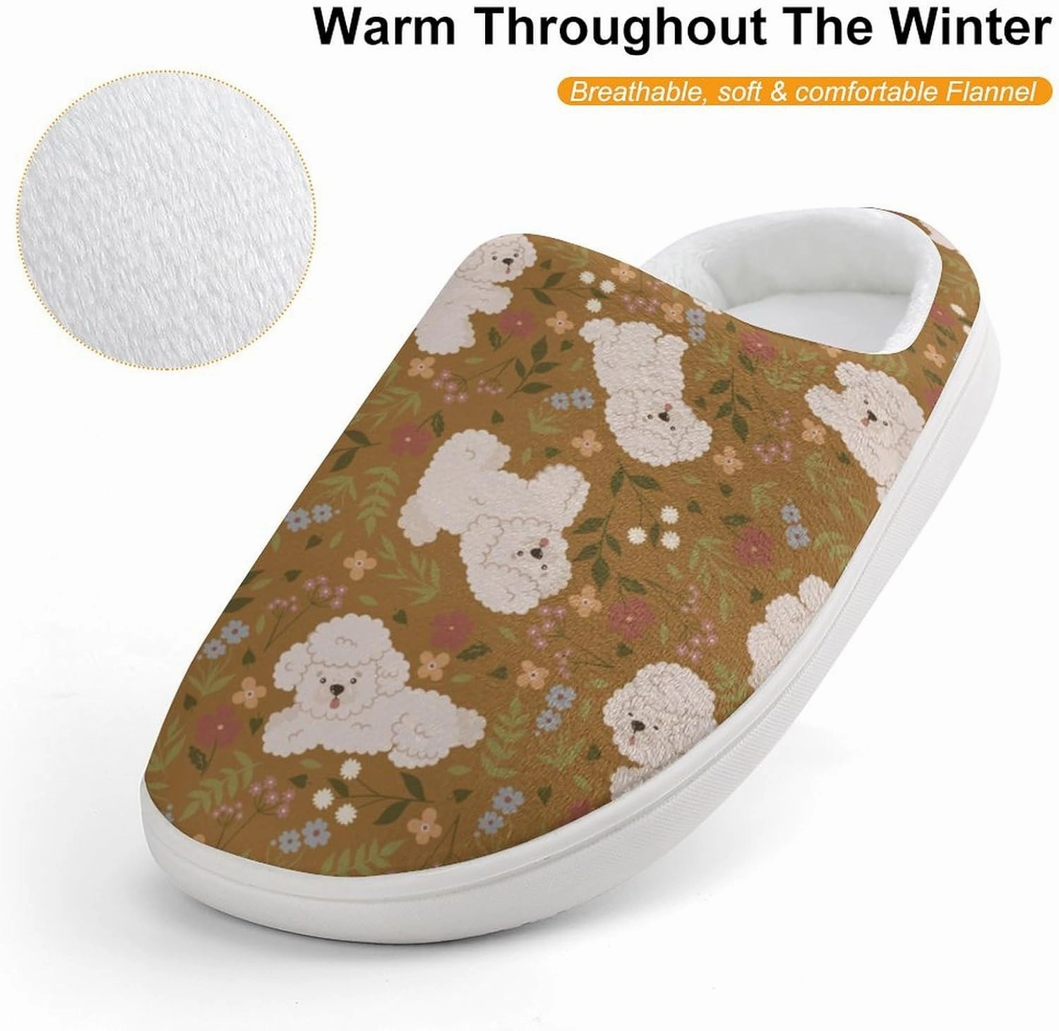Cute Poodles And Flowers Print Slippers for Boys Girls Home Cotton Slippers Non-Slip Warm Little Kids Slippers