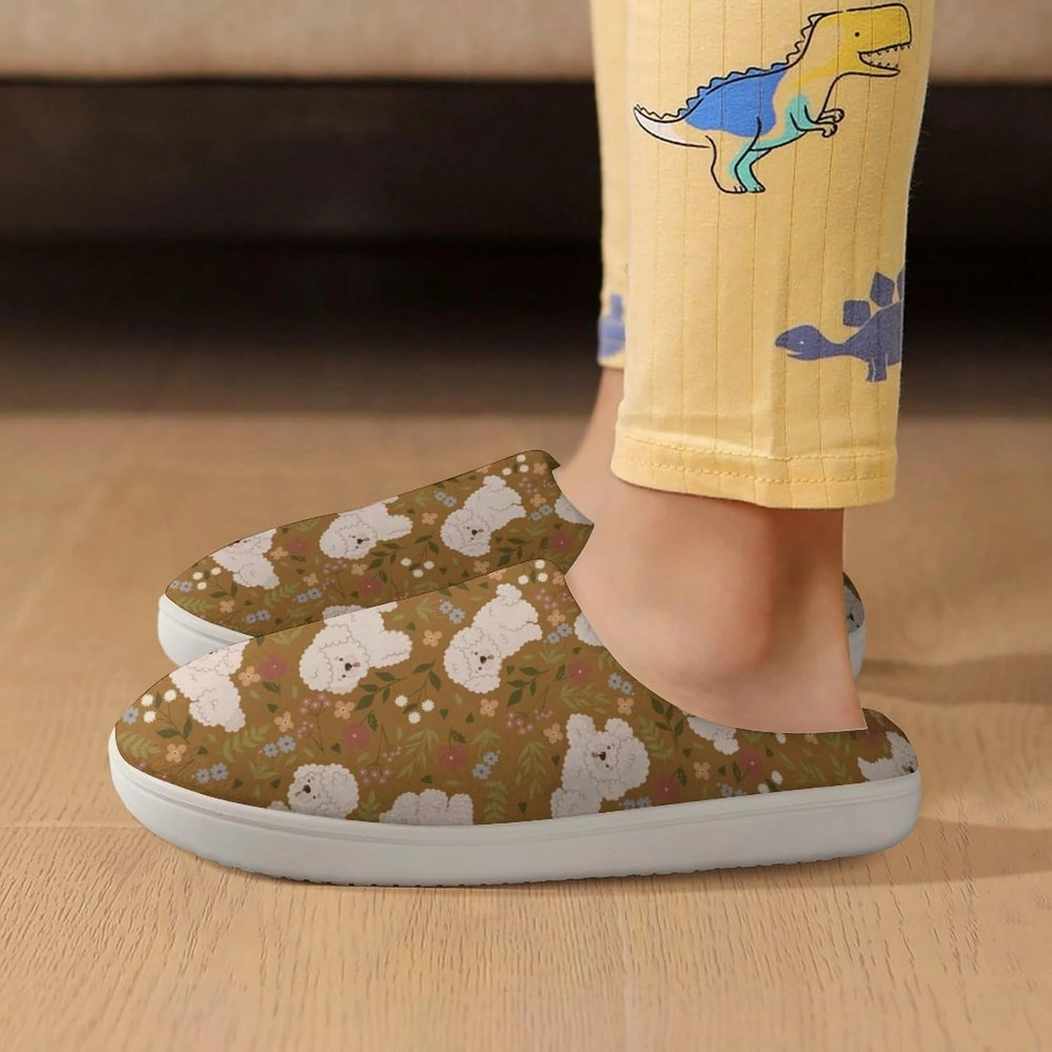 Cute Poodles And Flowers Print Slippers for Boys Girls Home Cotton Slippers Non-Slip Warm Little Kids Slippers