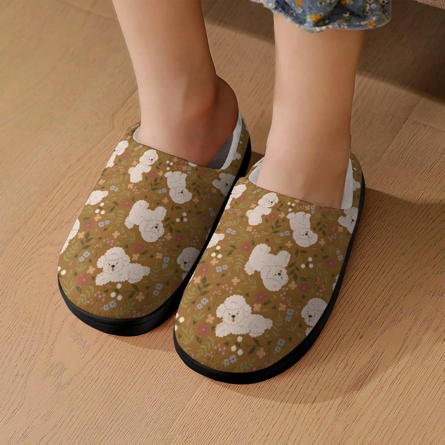 Cute Poodles And Flowers Print Slippers for Boys Girls Home Cotton Slippers Non-Slip Warm Little Kids Slippers