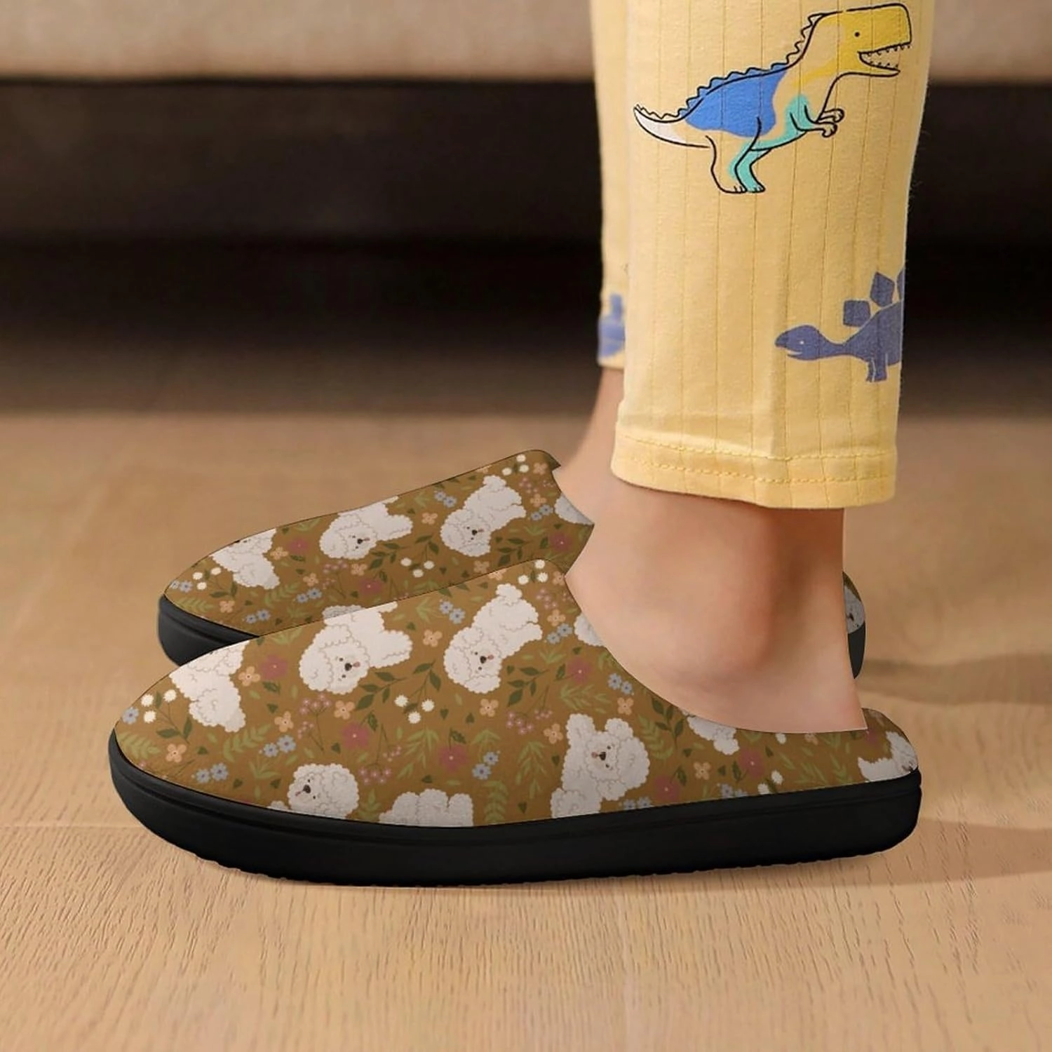Cute Poodles And Flowers Print Slippers for Boys Girls Home Cotton Slippers Non-Slip Warm Little Kids Slippers
