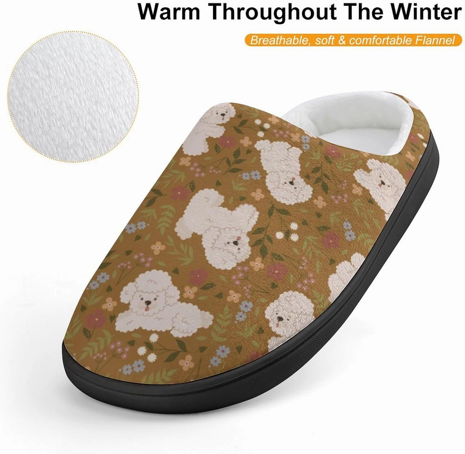Cute Poodles And Flowers Print Slippers for Boys Girls Home Cotton Slippers Non-Slip Warm Little Kids Slippers