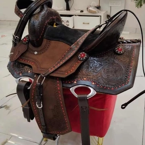 D&L SADDLERY Western Barrel Racing Wooden Tree Horse Saddles Handmade Leather Comfort for Horses Trail Equestrian Tooled Carved Horse Saddle Riding Size: 10-18 inches Seat, ER04