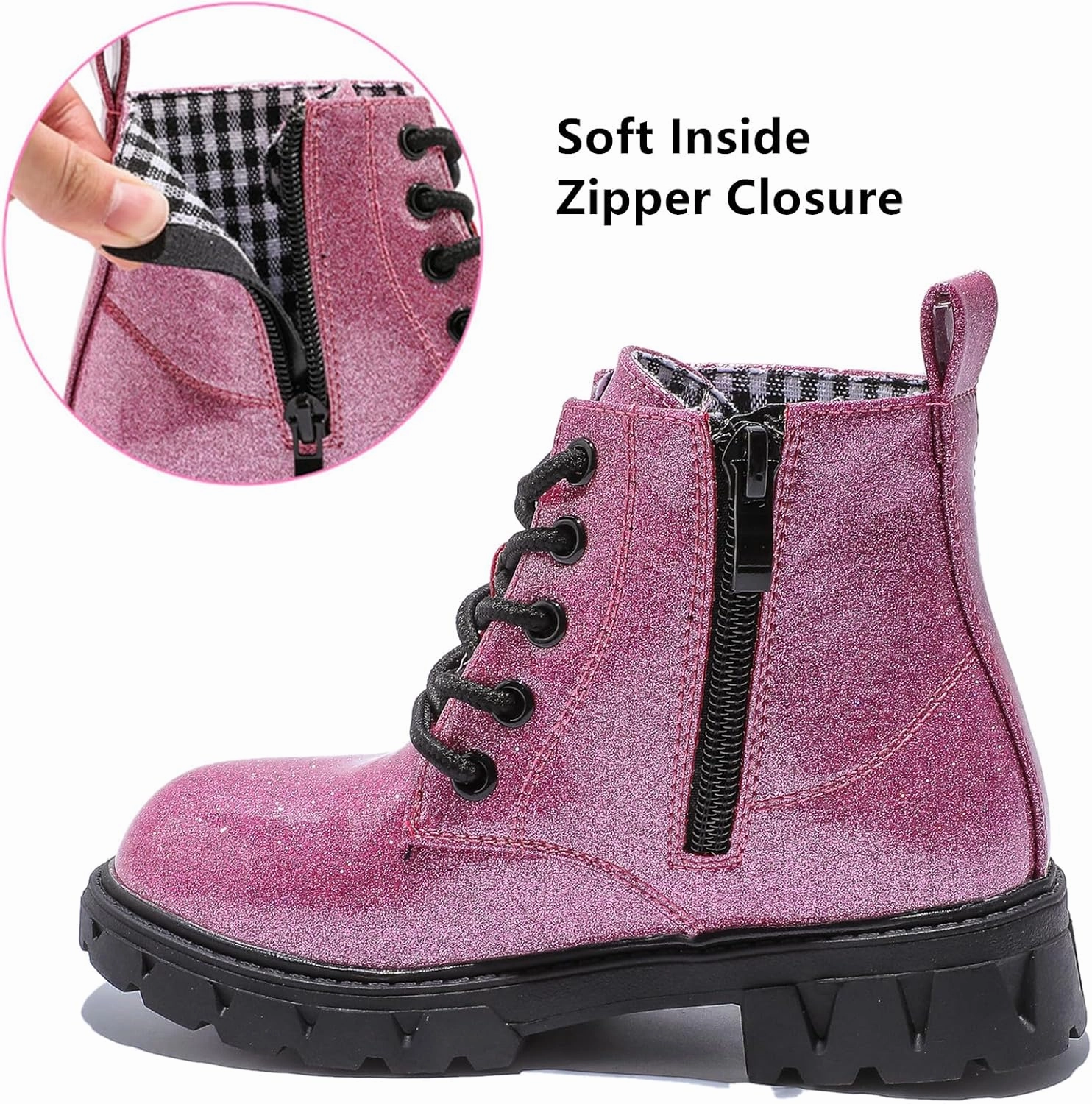DADAWEN Boys Girls Glitter Ankle Boots Kids Lace Up Waterproof Combat Shoes With Side Zipper for Toddler/Little Kid/Big Kid