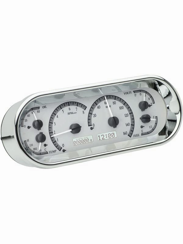 Dakota Digital VHX-1018-S-W Universal Recessed 4.4" x 11.4" Rounded Rectangle Analog Gauge System, Silver Alloy Style, White Backlighting
