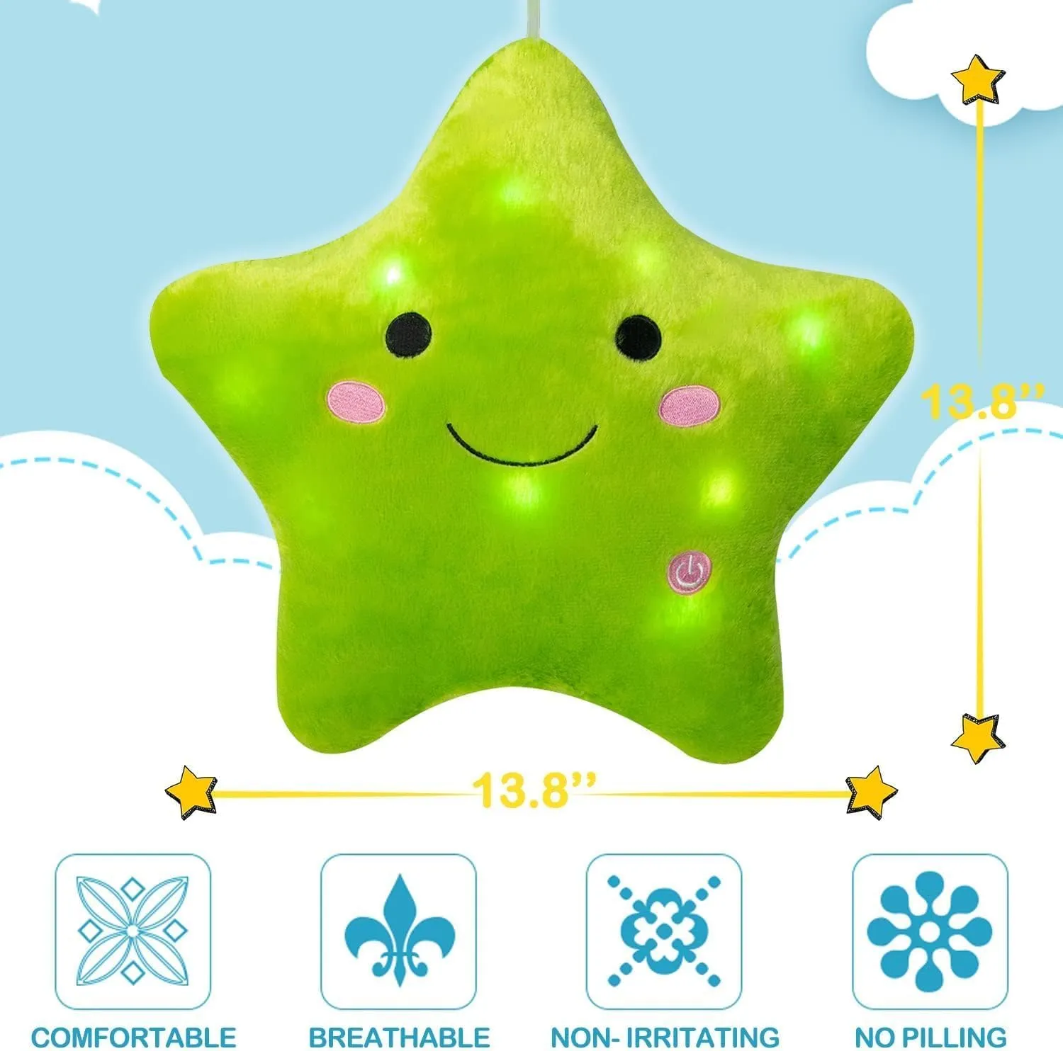 DearSun 13''Creative Twinkle Star Colorful Night Light Plush Pillows Light up Night Stuffed Toys Perfect for Birthday Christmas Holiday Valentines (Green)