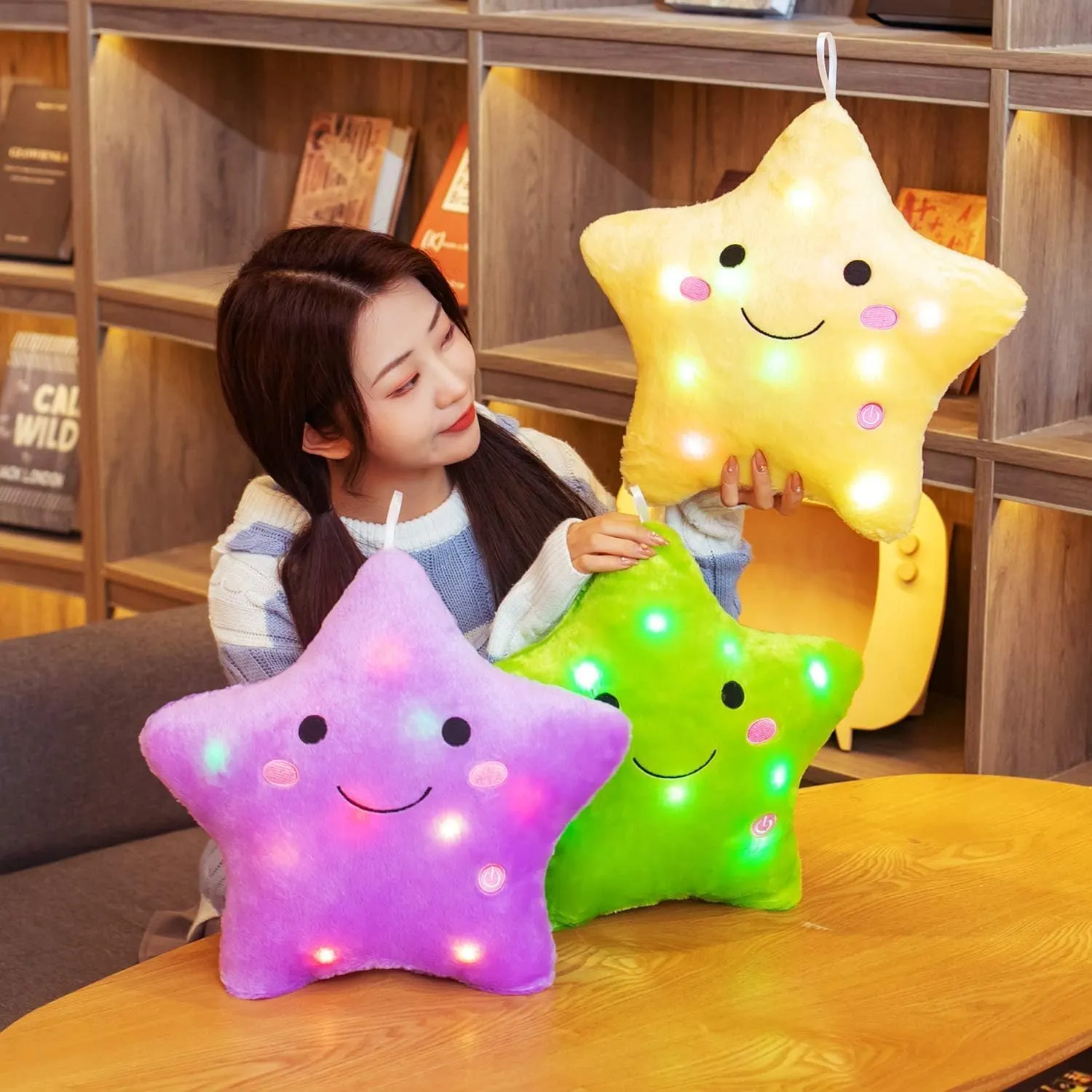 DearSun 13''Creative Twinkle Star Colorful Night Light Plush Pillows Light up Night Stuffed Toys Perfect for Birthday Christmas Holiday Valentines (Green)