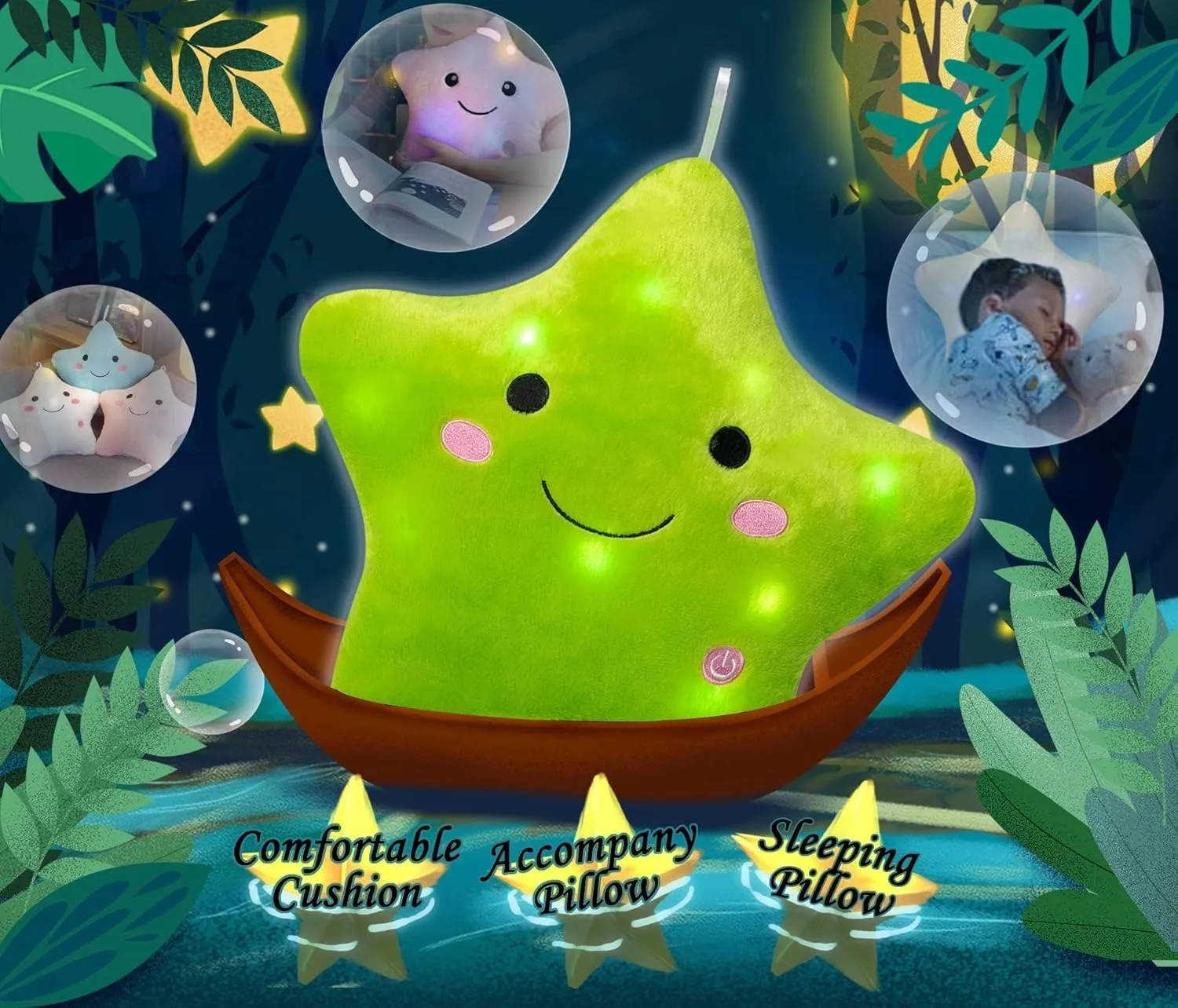 DearSun 13''Creative Twinkle Star Colorful Night Light Plush Pillows Light up Night Stuffed Toys Perfect for Birthday Christmas Holiday Valentines (Green)