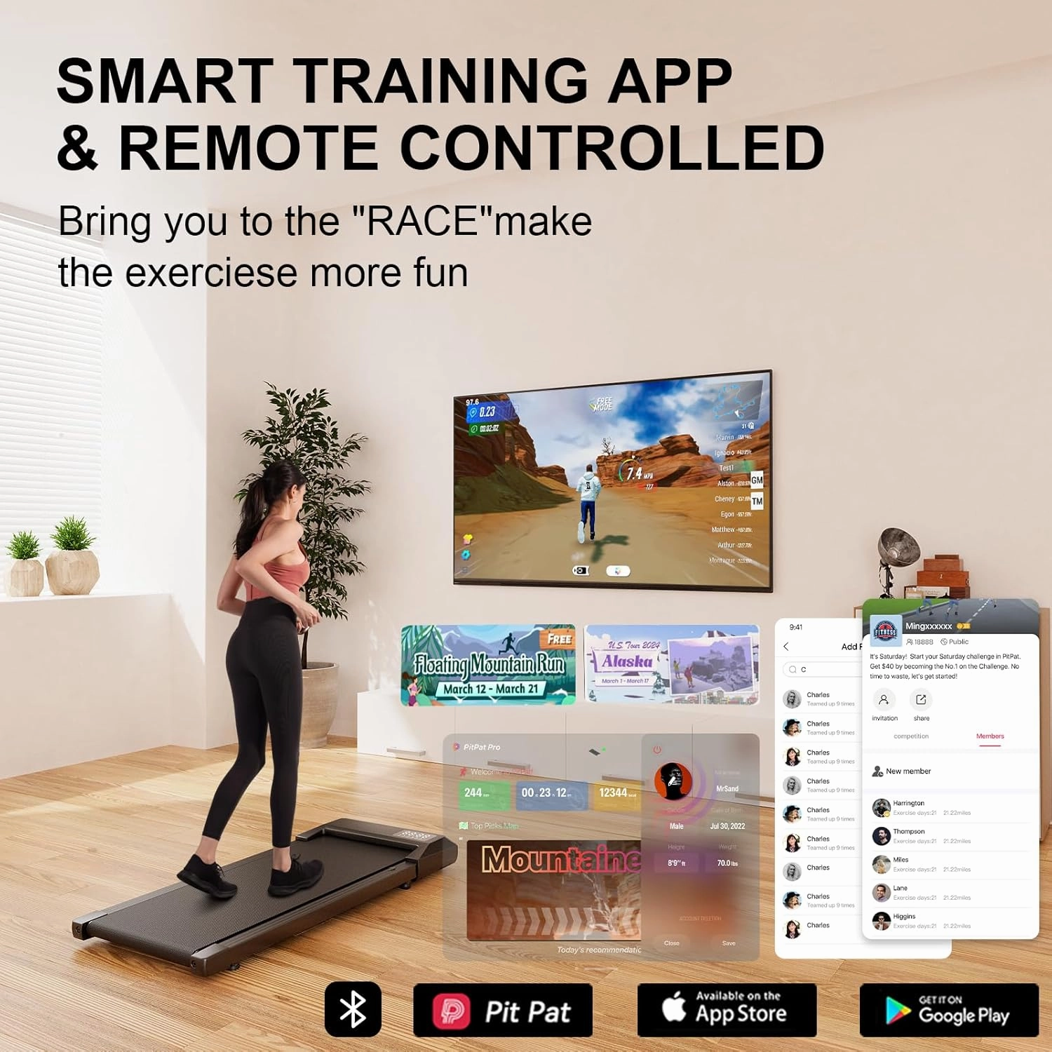 DeerRun 2025 Upgrade Walking Pad, Smart Under Desk Treadmill for Home Office, No-Assembly Treadmills with APP and Remote Control, LED Display, 2.5 HP Quiet Walking Jogging Machine, 300 lbs Capacity
