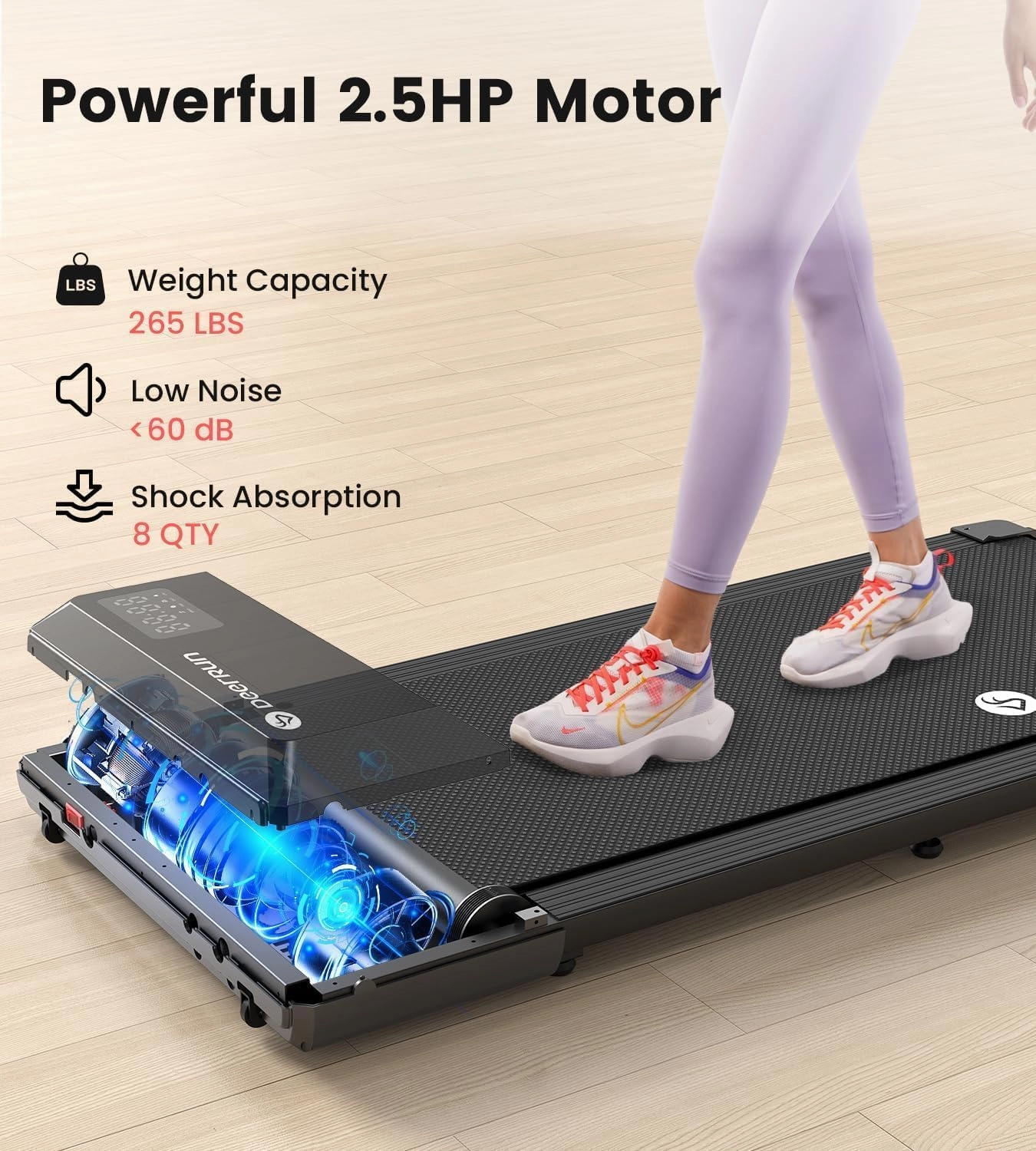 DeerRun Walking Pad 2 in 1 Under Desk Treadmill, 2.5HP Low Noise Walking Pad Running Jogging Machine with Remote Control for Home Office, Lightweight Portable Desk Treadmill Installation Free