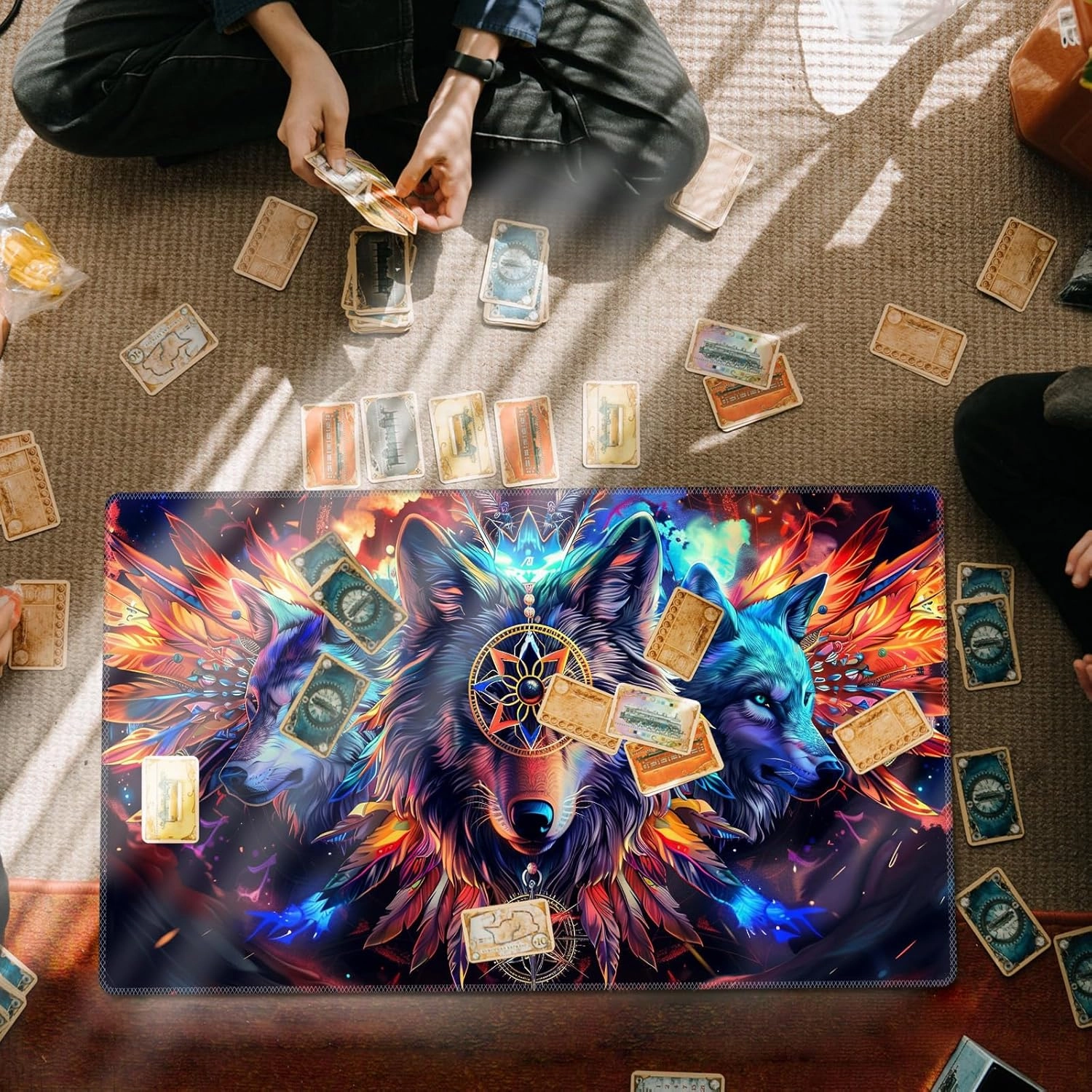 DEGDFSGR for MTG Playmat 24 x 14 inches for TCG Playmats Non-Slip Rubber Base Commander Play Mat HD Cover for Magic The Gathering Playmat Iorcana Trading Card Game, Wolf with Wings Dreamcatcher