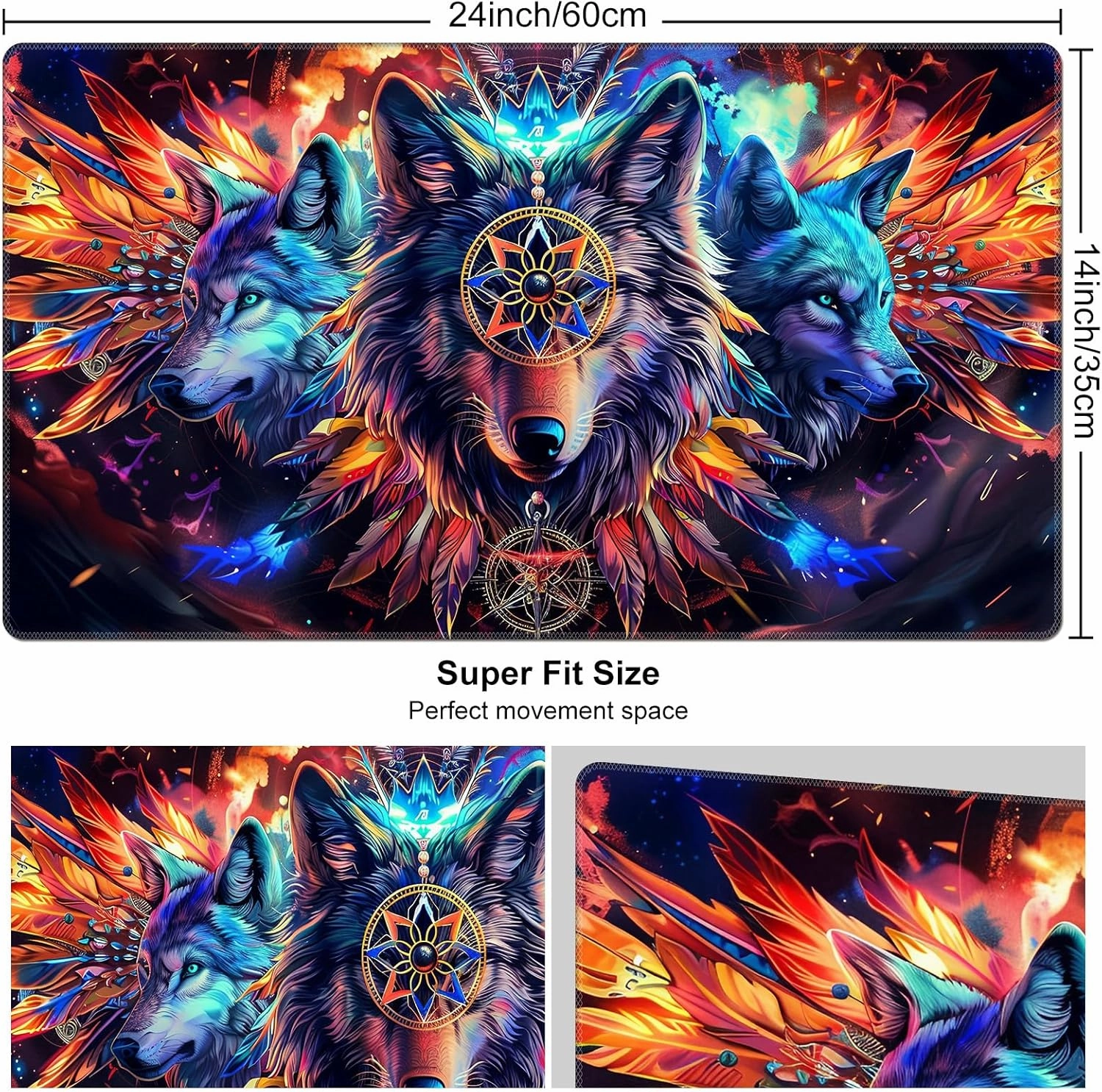 DEGDFSGR for MTG Playmat 24 x 14 inches for TCG Playmats Non-Slip Rubber Base Commander Play Mat HD Cover for Magic The Gathering Playmat Iorcana Trading Card Game, Wolf with Wings Dreamcatcher
