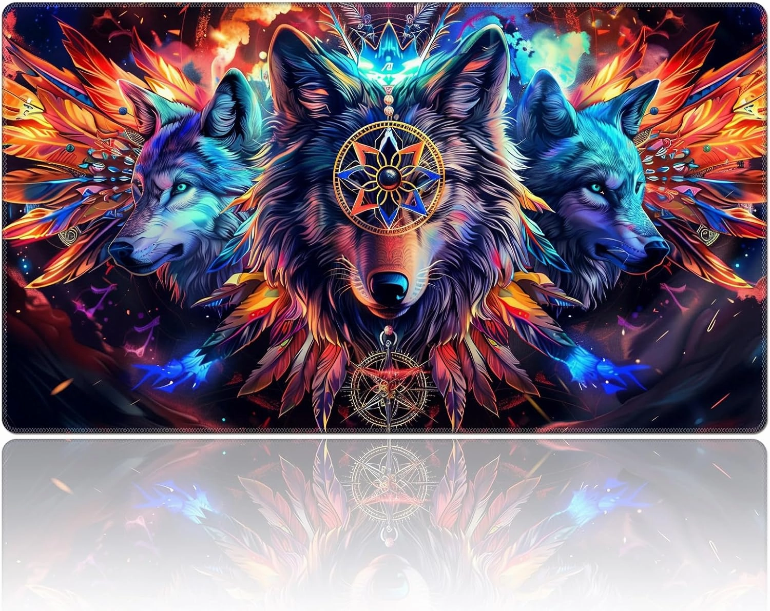 DEGDFSGR for MTG Playmat 24 x 14 inches for TCG Playmats Non-Slip Rubber Base Commander Play Mat HD Cover for Magic The Gathering Playmat Iorcana Trading Card Game, Wolf with Wings Dreamcatcher