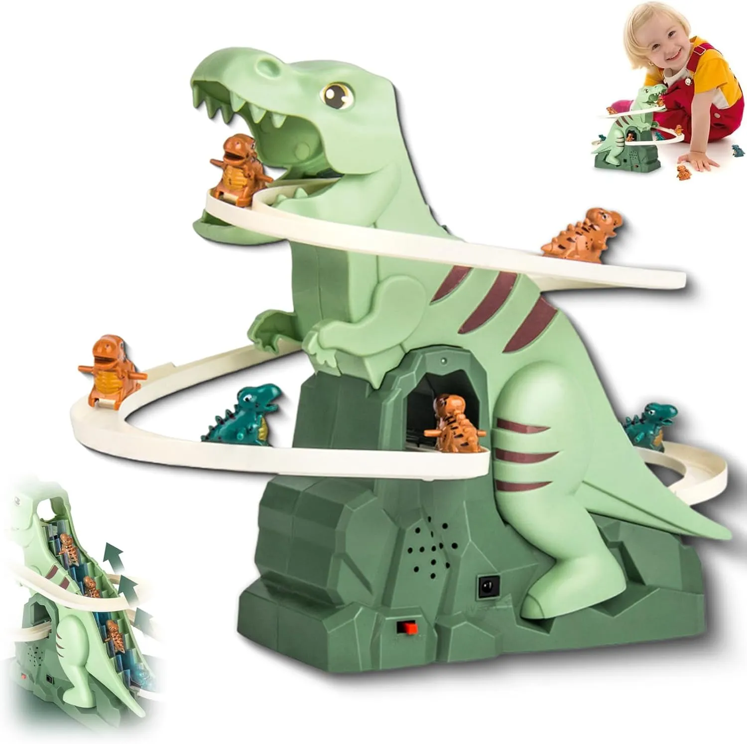 Dinosaur Climbing Slide Music Toy, Electric Dinosaur Climbing Stairs Toy, Electric Race Track Game Fun Slide Roller Coaster Toys, Double Pulley Design with Light and Music (1PCS)