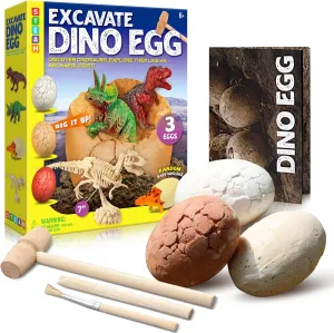 Dinosaur Eggs Excavation Dig Kit, Dino Fossil Find (T-Rex) Dig Discover 3 Surprise Easter Eggs, Party Educational Science STEM, Birthday Playdates Workshops Toys for Boys Girl Kids Age 6-12