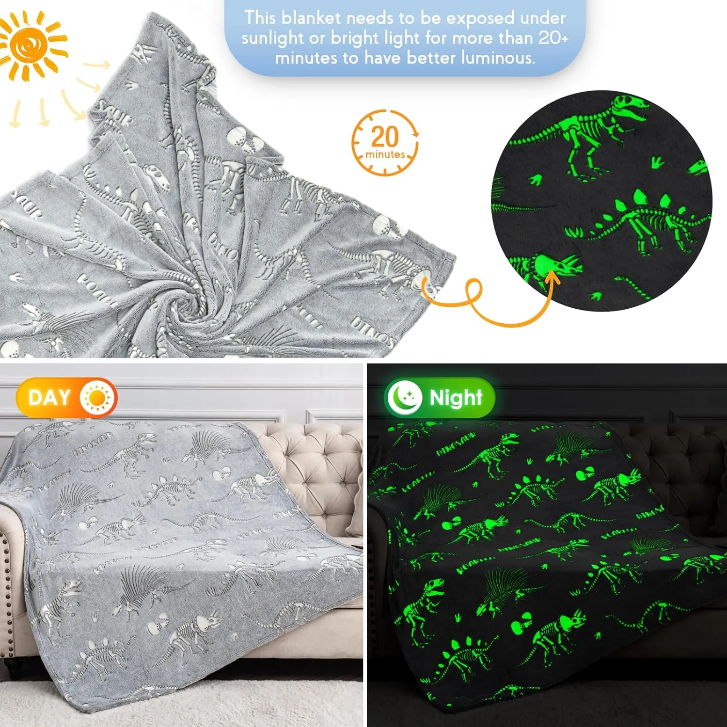 Dinosaur Gifts Toys for Kids Boys - Dino Glow in The Dark Blanket Christmas Birthday Valentines Easter Presents for Age 2 3 4 5 6 7 8 9 10 11 Years Old Teen Girls Toddler Children Throw Gray 50"x60"