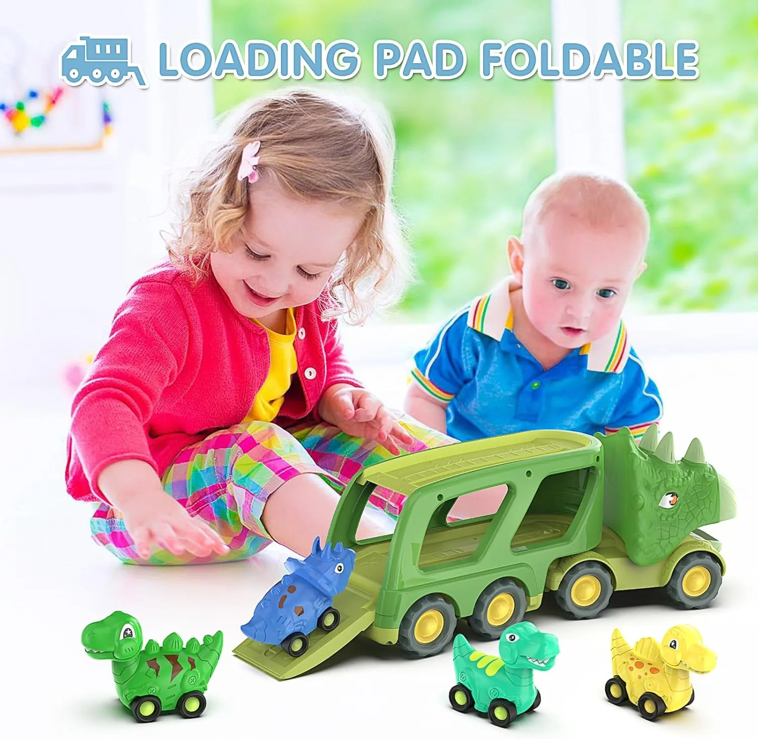 Dinosaur Toys for Kids 2-4 Boys,Dinosaur Car Carrier Truck Toy with 4 Pull Back Dino Car，Dinosaur Truck for 2 3 4 5 Year Old Boy Toys,2 3 4 5 Year Old Boy Birthday Gift with Dino Sound.