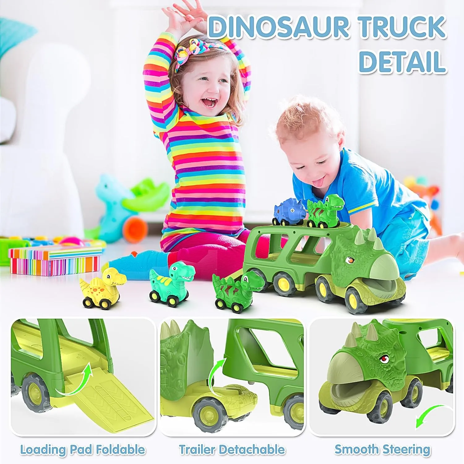Dinosaur Toys for Kids 2-4 Boys,Dinosaur Car Carrier Truck Toy with 4 Pull Back Dino Car，Dinosaur Truck for 2 3 4 5 Year Old Boy Toys,2 3 4 5 Year Old Boy Birthday Gift with Dino Sound.