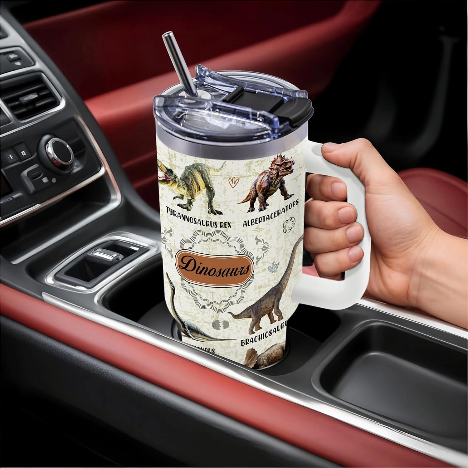 Dinosaur Mug 40oz Tumbler, Dinosaur Gifts for Adults, Dinosaur Water Bottle with Handle and Straw, Christmas, Thanksgiving, Birthday Decorations, Party Supplies, Stainless Steel Cup
