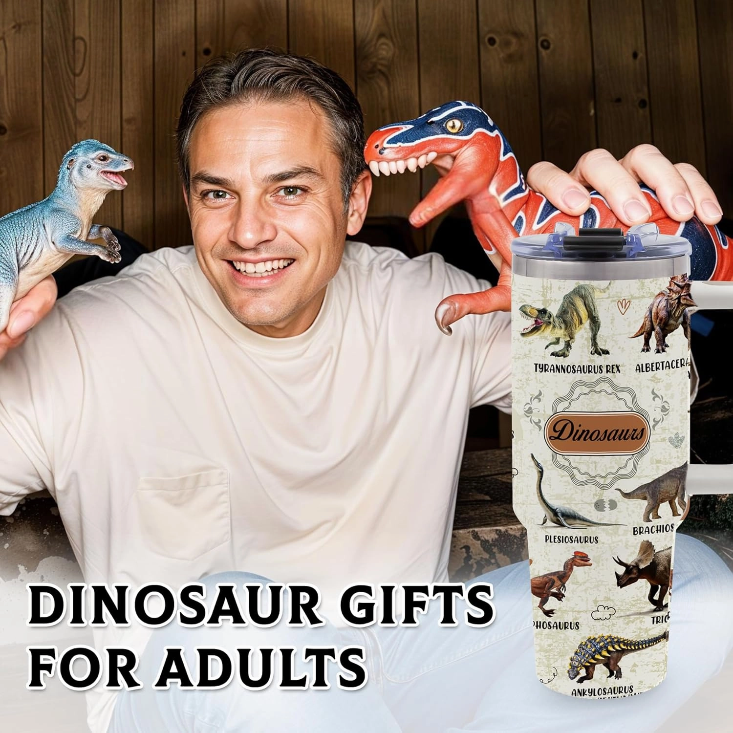 Dinosaur Mug 40oz Tumbler, Dinosaur Gifts for Adults, Dinosaur Water Bottle with Handle and Straw, Christmas, Thanksgiving, Birthday Decorations, Party Supplies, Stainless Steel Cup