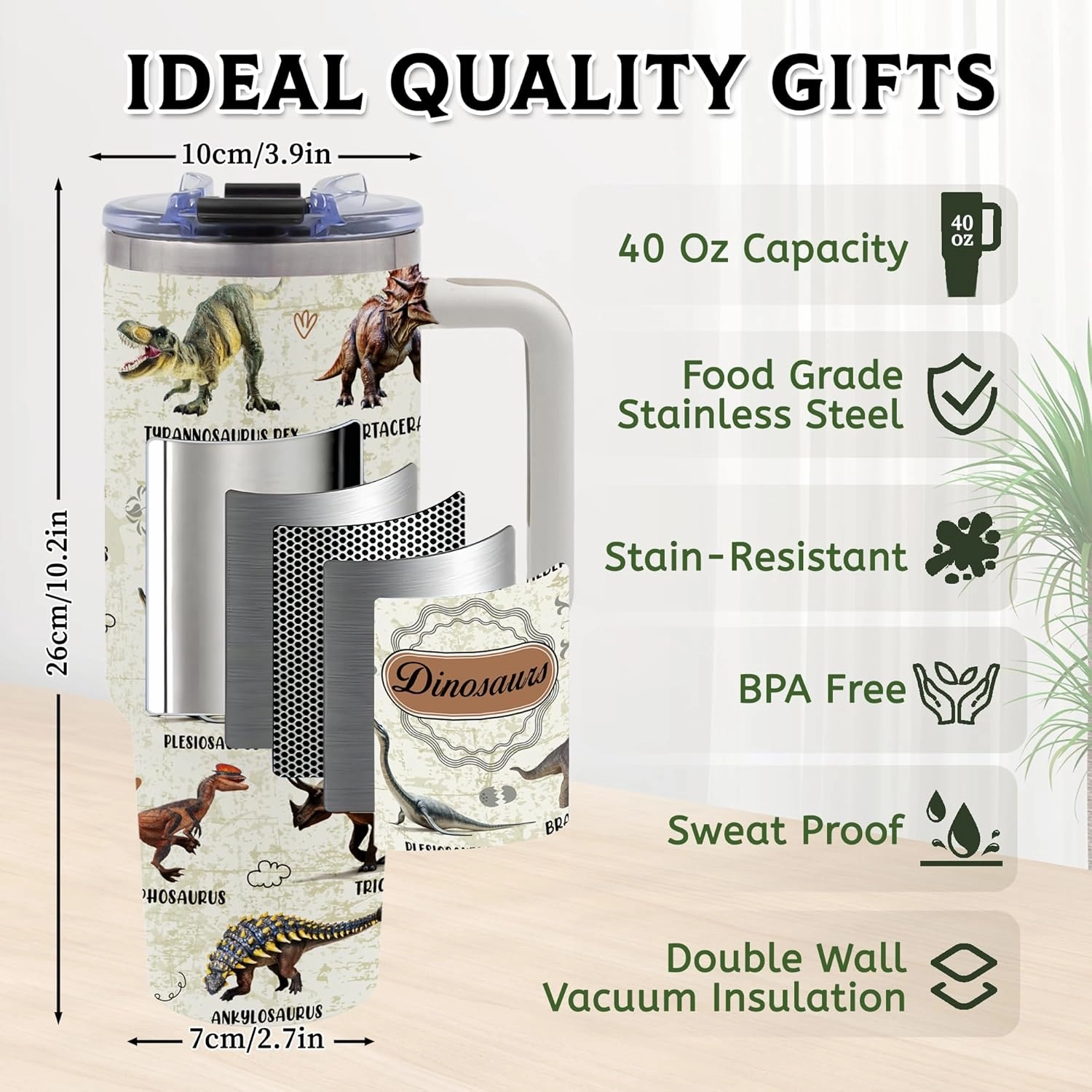 Dinosaur Mug 40oz Tumbler, Dinosaur Gifts for Adults, Dinosaur Water Bottle with Handle and Straw, Christmas, Thanksgiving, Birthday Decorations, Party Supplies, Stainless Steel Cup