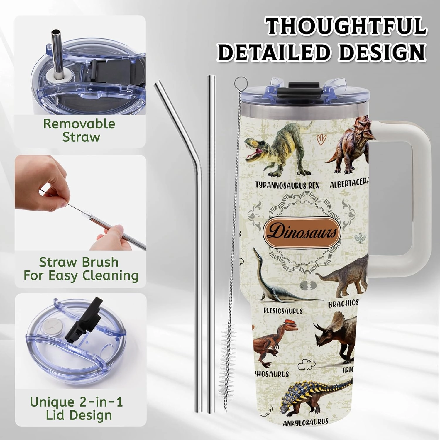 Dinosaur Mug 40oz Tumbler, Dinosaur Gifts for Adults, Dinosaur Water Bottle with Handle and Straw, Christmas, Thanksgiving, Birthday Decorations, Party Supplies, Stainless Steel Cup