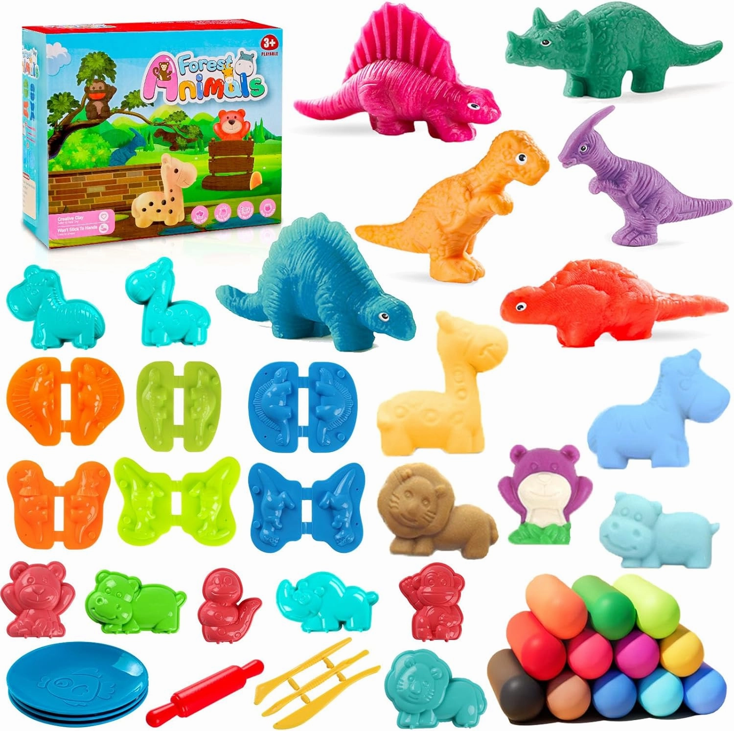 Dinosaur Playdough Sets for Kids Ages 4-8, Play Dough Toy Set with Dinosaur and Animal Molds Playdough Tools Accessories, Modeling Clay Kit Dough Accessories for Kids Girls Boys 3 4 5 6 7 8 Year Old
