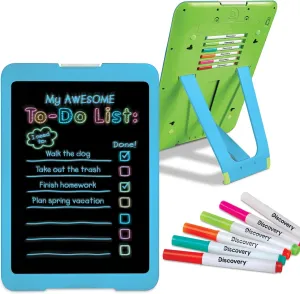 Discovery Neon Glow Drawing Easel w/ 6 Color Markers, Built-in Kickstand/Wall Mount, 5 Light Modes, Easy Clean/Washable, Wide Screen, Flat Storage, Portable Travel Activity, Electronic Activity