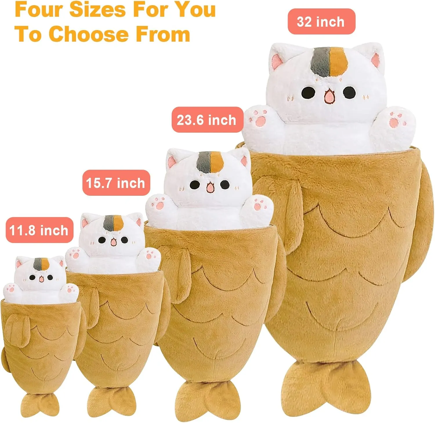 Ditucu 11.8 inch Taiyaki Cat Plush Pillow Cute Kitten Inside Fish 2 in 1 Soft Stuffed Animal Plushies Toys with Outfit Sleeping Doll Gifts for Girls Boys
