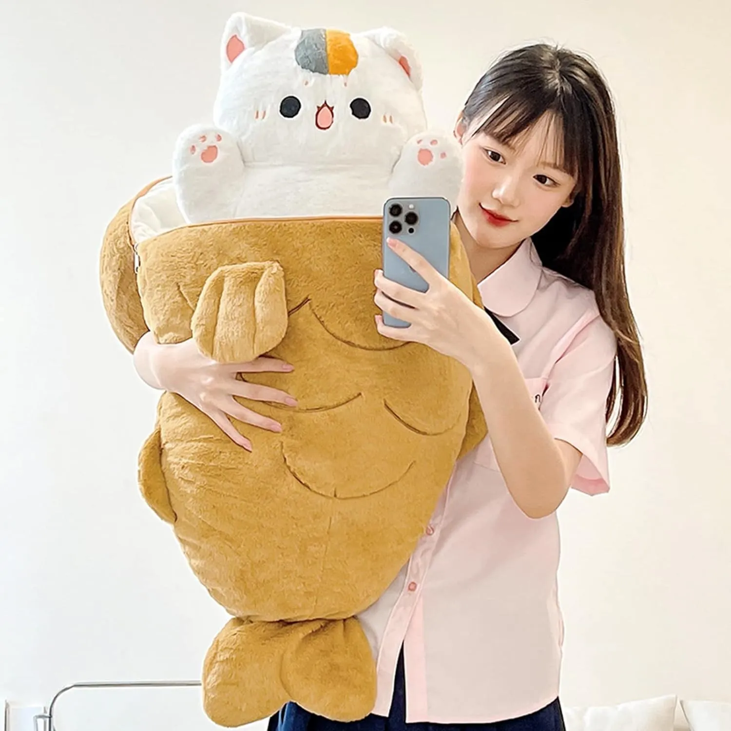 Ditucu 11.8 inch Taiyaki Cat Plush Pillow Cute Kitten Inside Fish 2 in 1 Soft Stuffed Animal Plushies Toys with Outfit Sleeping Doll Gifts for Girls Boys