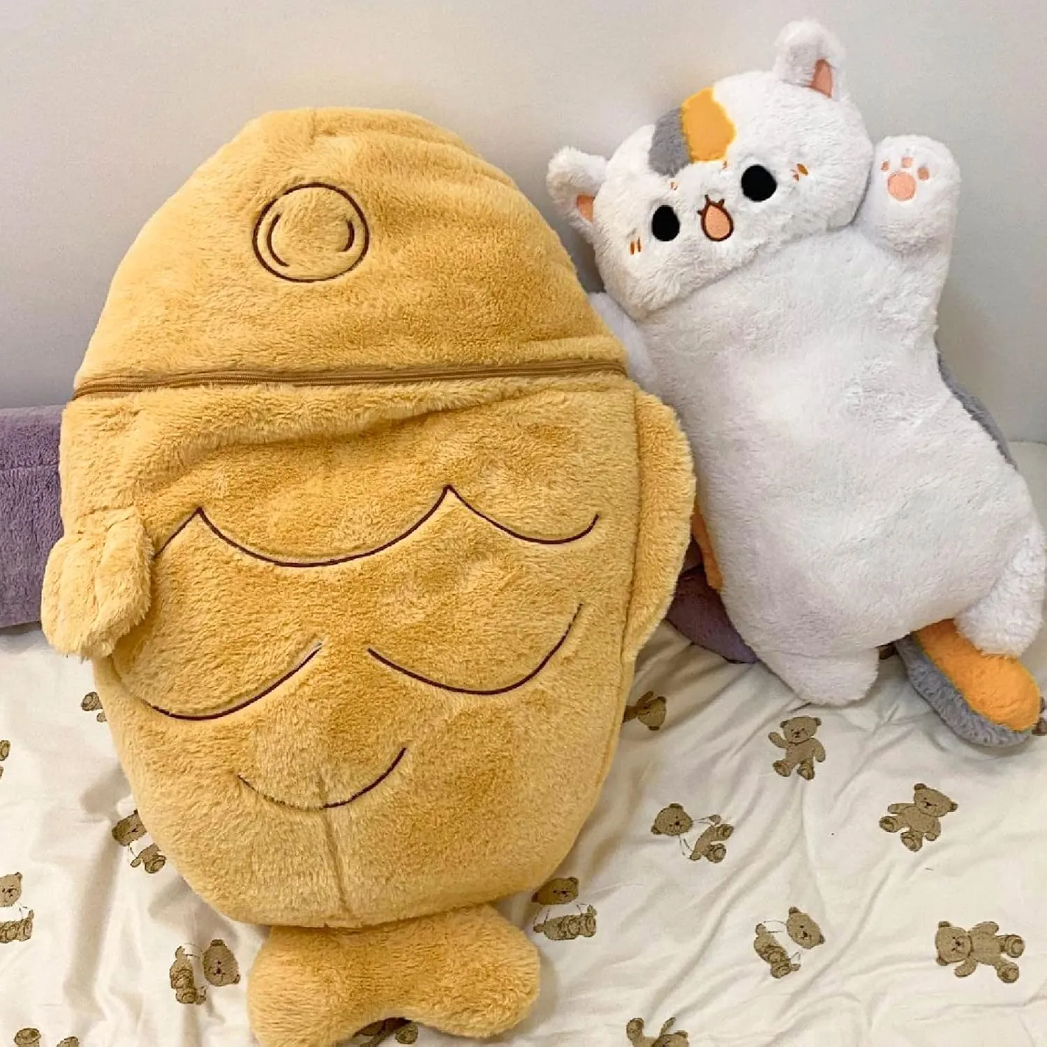 Ditucu 11.8 inch Taiyaki Cat Plush Pillow Cute Kitten Inside Fish 2 in 1 Soft Stuffed Animal Plushies Toys with Outfit Sleeping Doll Gifts for Girls Boys