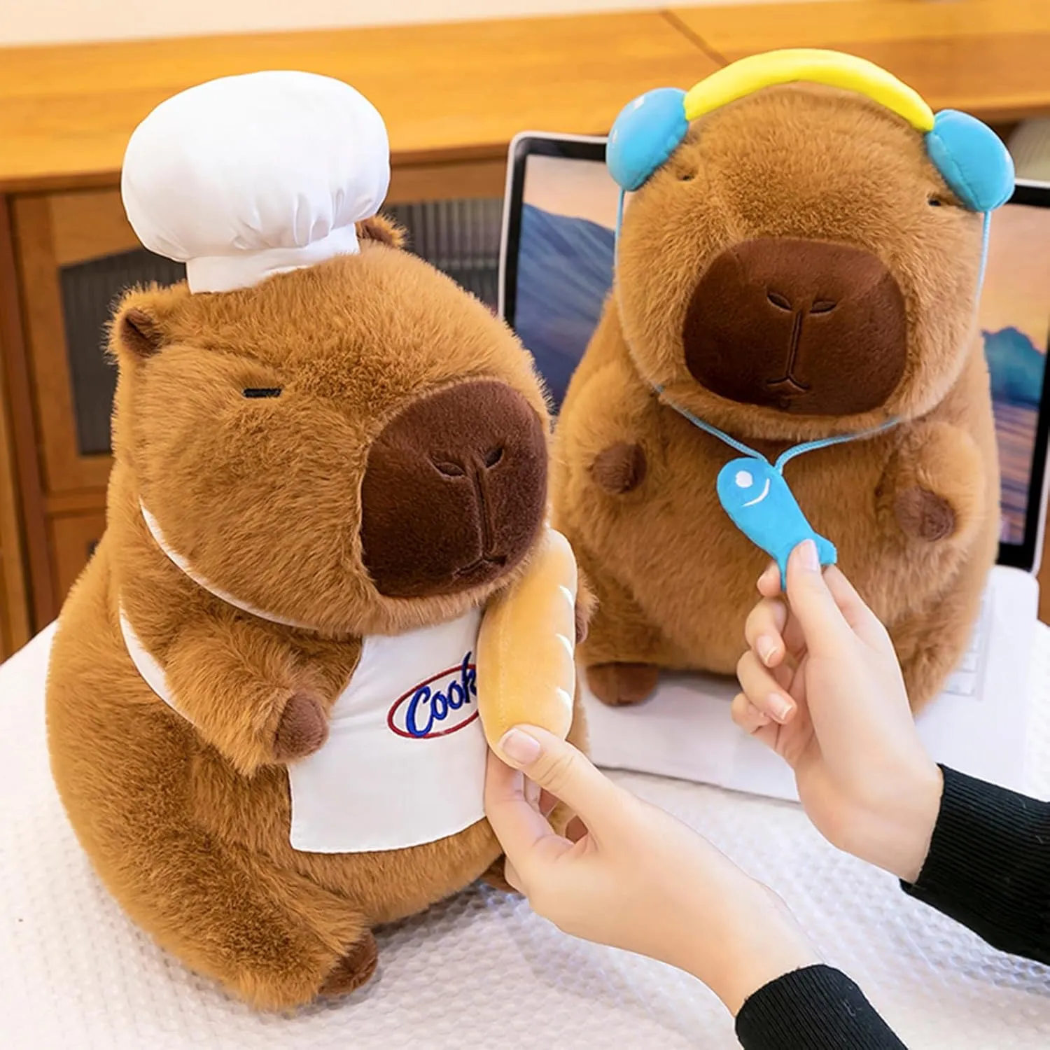 Ditucu Cute Capybara Plush with Cooking Chef Hat French Baguette Bread Capibara Stuffed Animal Soft Plushies Toys Gifts for Kids Brown 9.8 inch