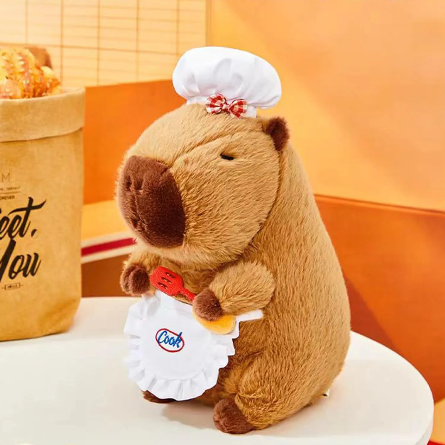 Ditucu Cute Capybara Plush with Cooking Chef Hat Holding Kitchen Shovel Soft Capibara Stuffed Animal Plushies Toys Hugging Gifts for Kids Brown 8.6 inch