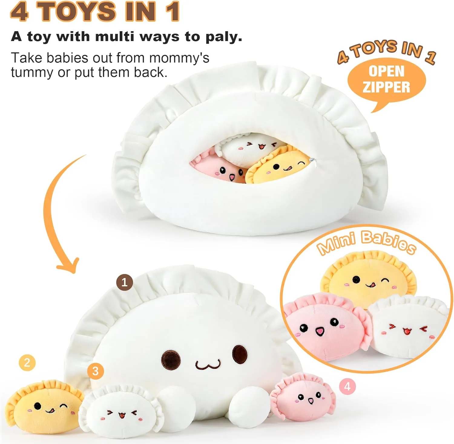 Ditucu Cute Dumpling Plush Pillow Mommy 14 inch with 3 Littles 4 inch Family Food Shaped Stuffed Animal Plushies Toys Gifts for Kids
