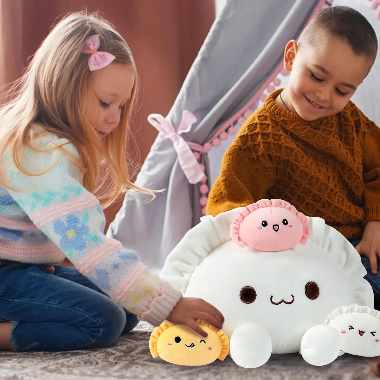 Ditucu Cute Dumpling Plush Pillow Mommy 14 inch with 3 Littles 4 inch Family Food Shaped Stuffed Animal Plushies Toys Gifts for Kids
