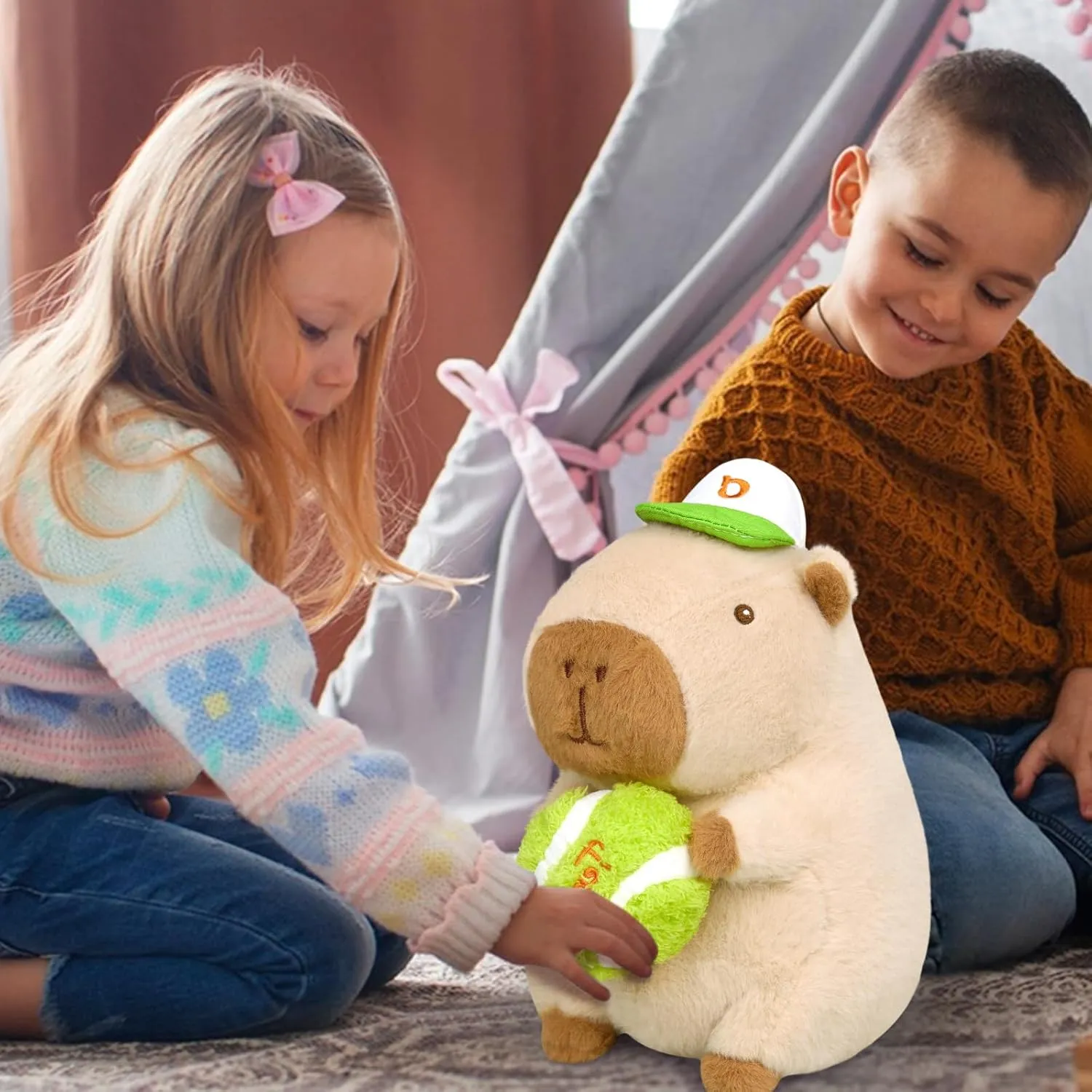 Ditucu Cute Tennis Capybara Plush Sports Pulling Stuffed Animal Capibara Plushies Toys Gifts for Kids Beige 9.8 inch