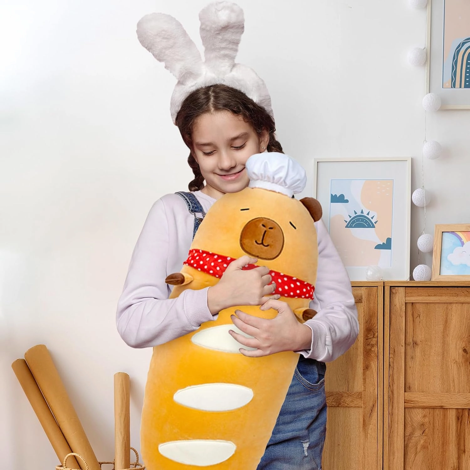 Ditucu Baguette Capybara Plush with Chef Hat 19.6 inch Cute Bread Capibara Stuffed Animal Soft Food Plushies Toys Gifts for Kids Adults Brown