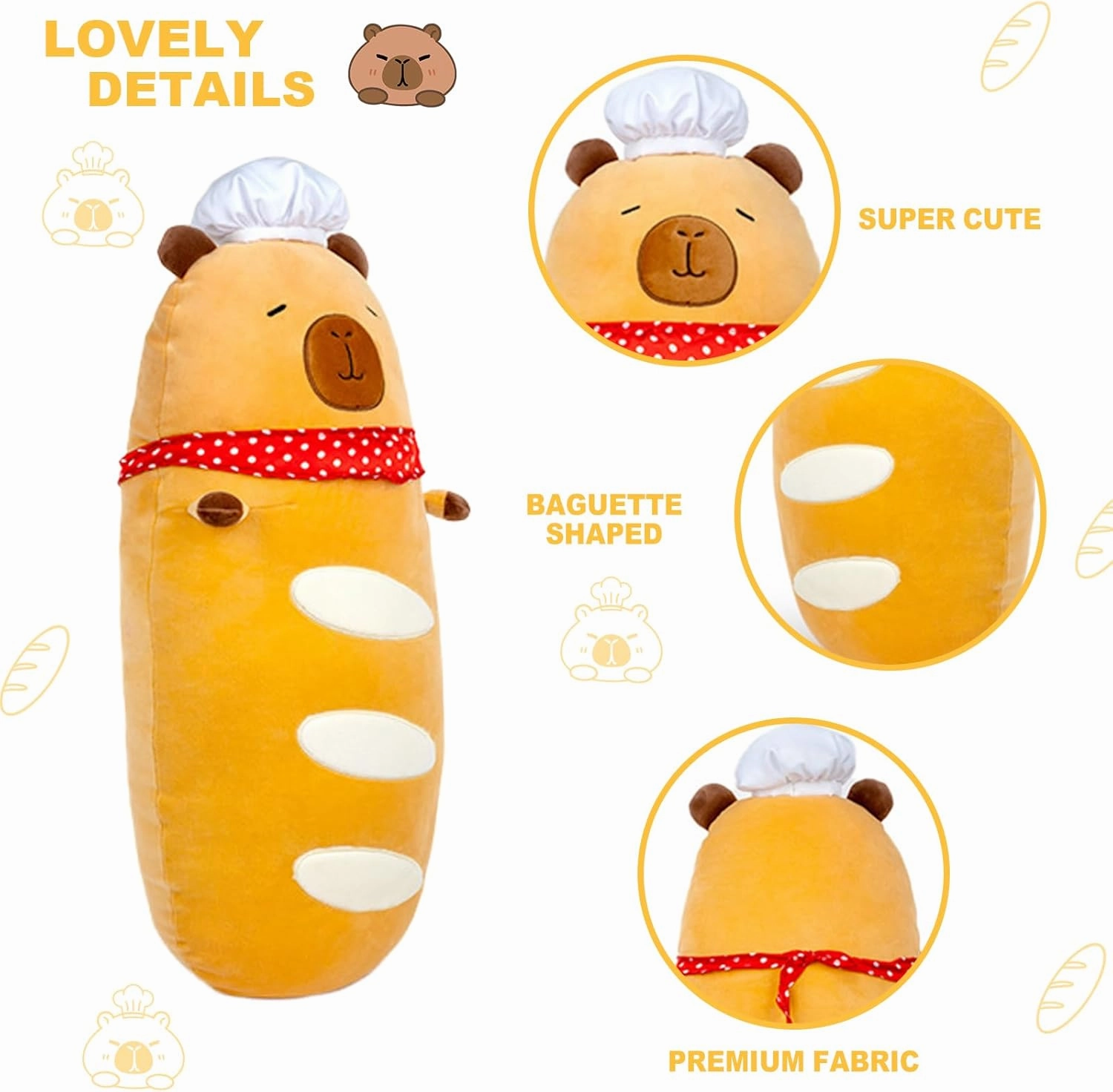 Ditucu Baguette Capybara Plush with Chef Hat 19.6 inch Cute Bread Capibara Stuffed Animal Soft Food Plushies Toys Gifts for Kids Adults Brown