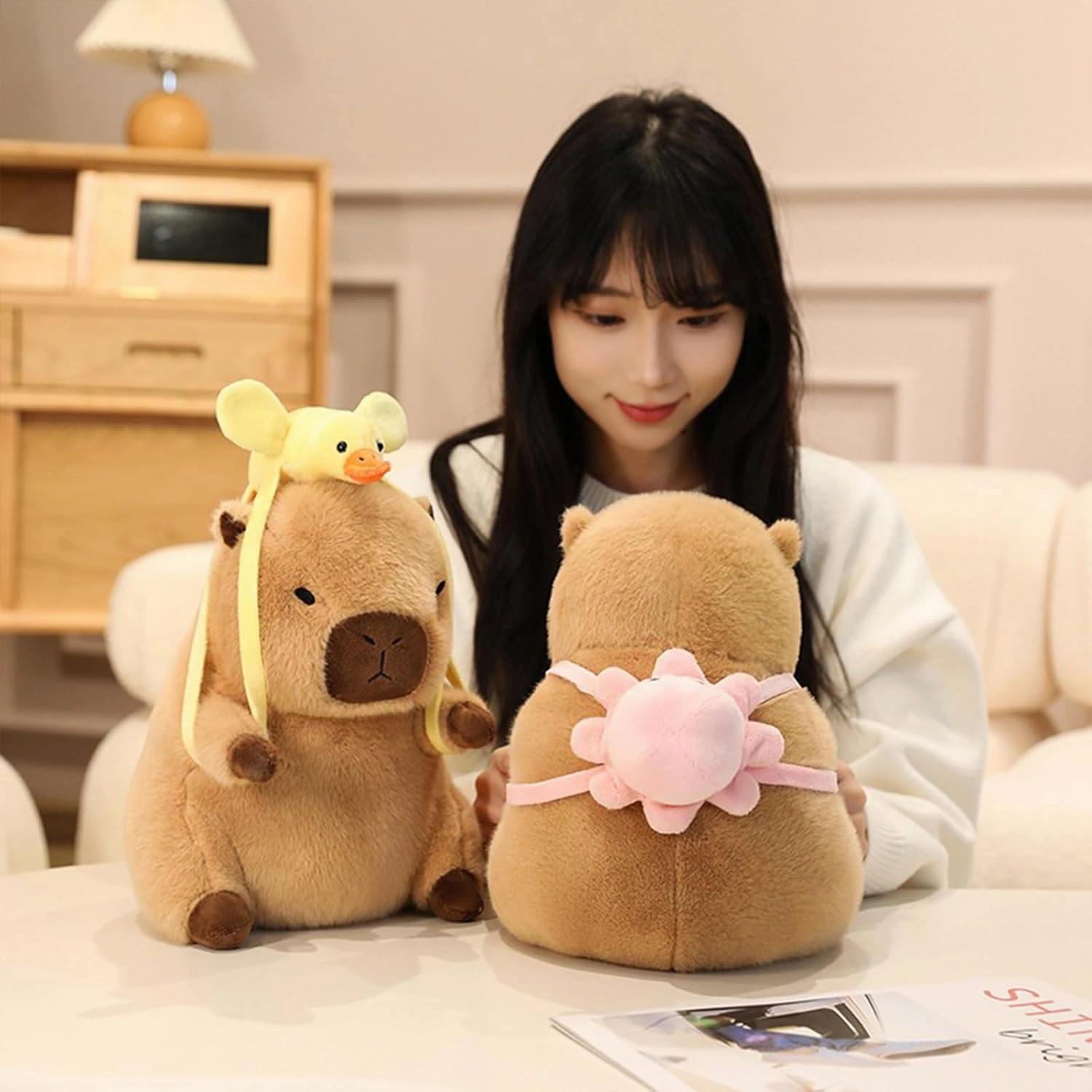 Ditucu Capybara Plush with Duck Backpack 7.8 inch Cute Capibara Stuffed Animal Soft Plushies Toys Gifts for Kids Brown