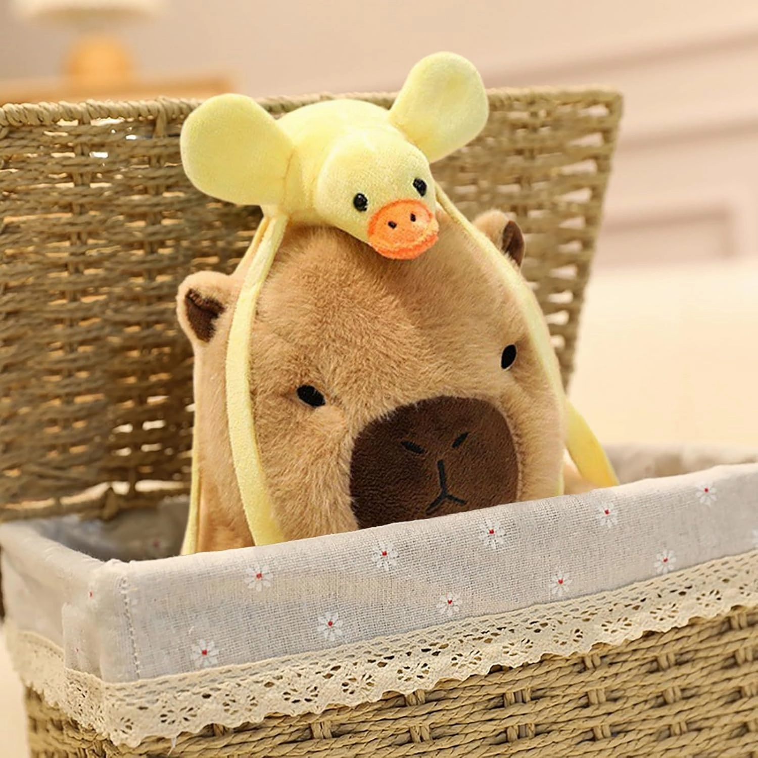 Ditucu Capybara Plush with Duck Backpack 7.8 inch Cute Capibara Stuffed Animal Soft Plushies Toys Gifts for Kids Brown