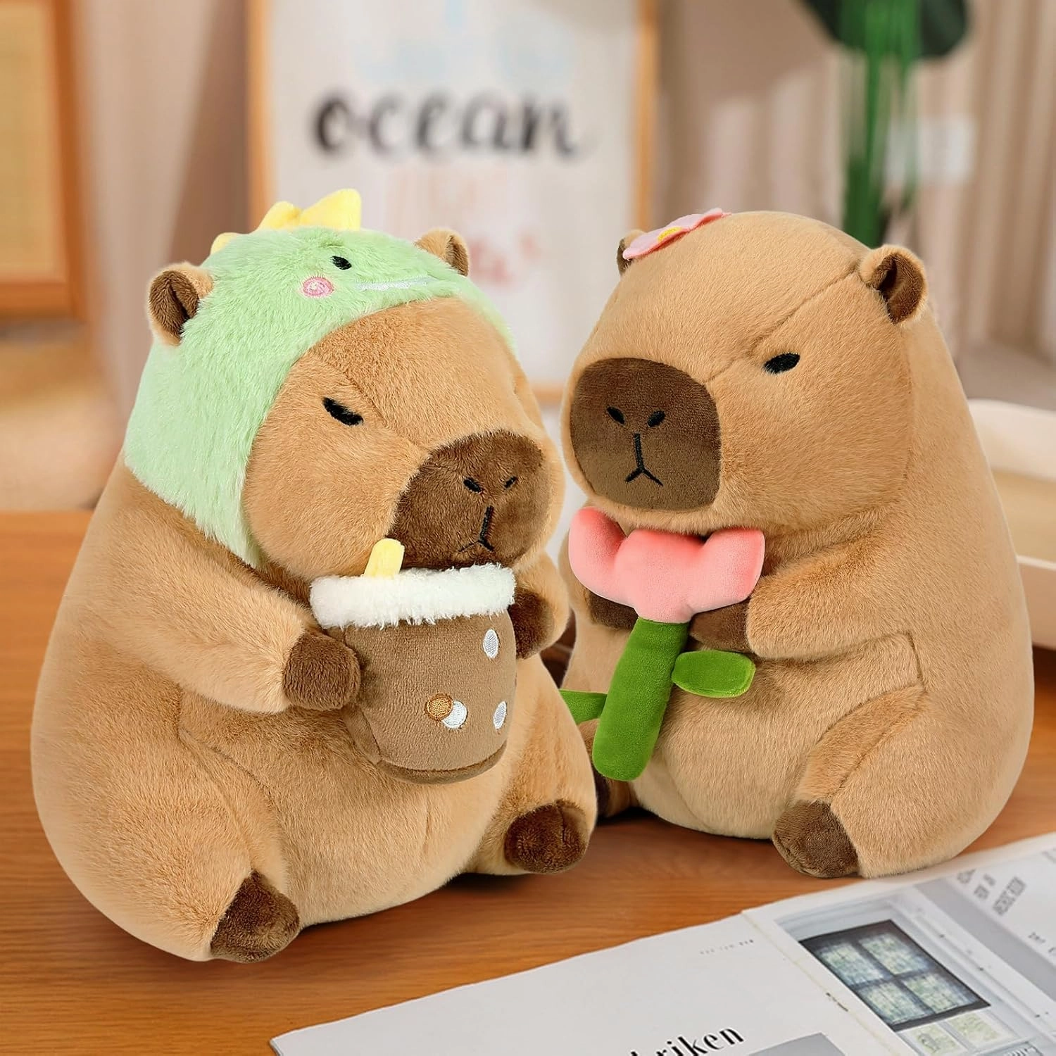 Ditucu Cute Capybara Plush Pillow Dinosaur Drinking Milk Tea Stuffed Animal Capibara Plushies Toys Gifts for Kids Brown 11 inch